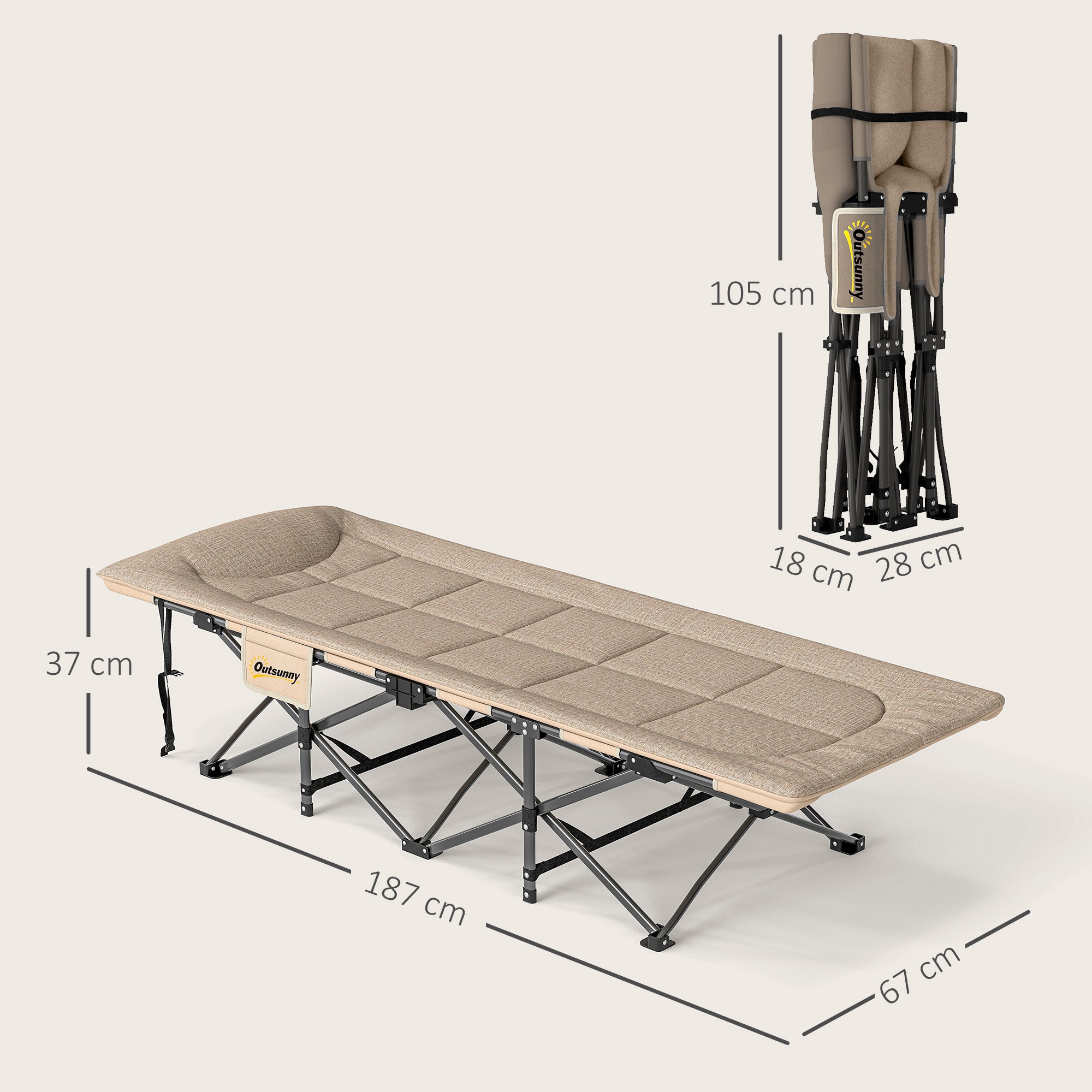 Outsunny Folding Camping Bed for Adults with Cushion, Heavy Duty Portable Travel Camping Cot with Headrest, Side Pocket and Non-Slip Foot Pads for Outdoor Beach Travel Office, Khaki - North Peak Garden Furniture