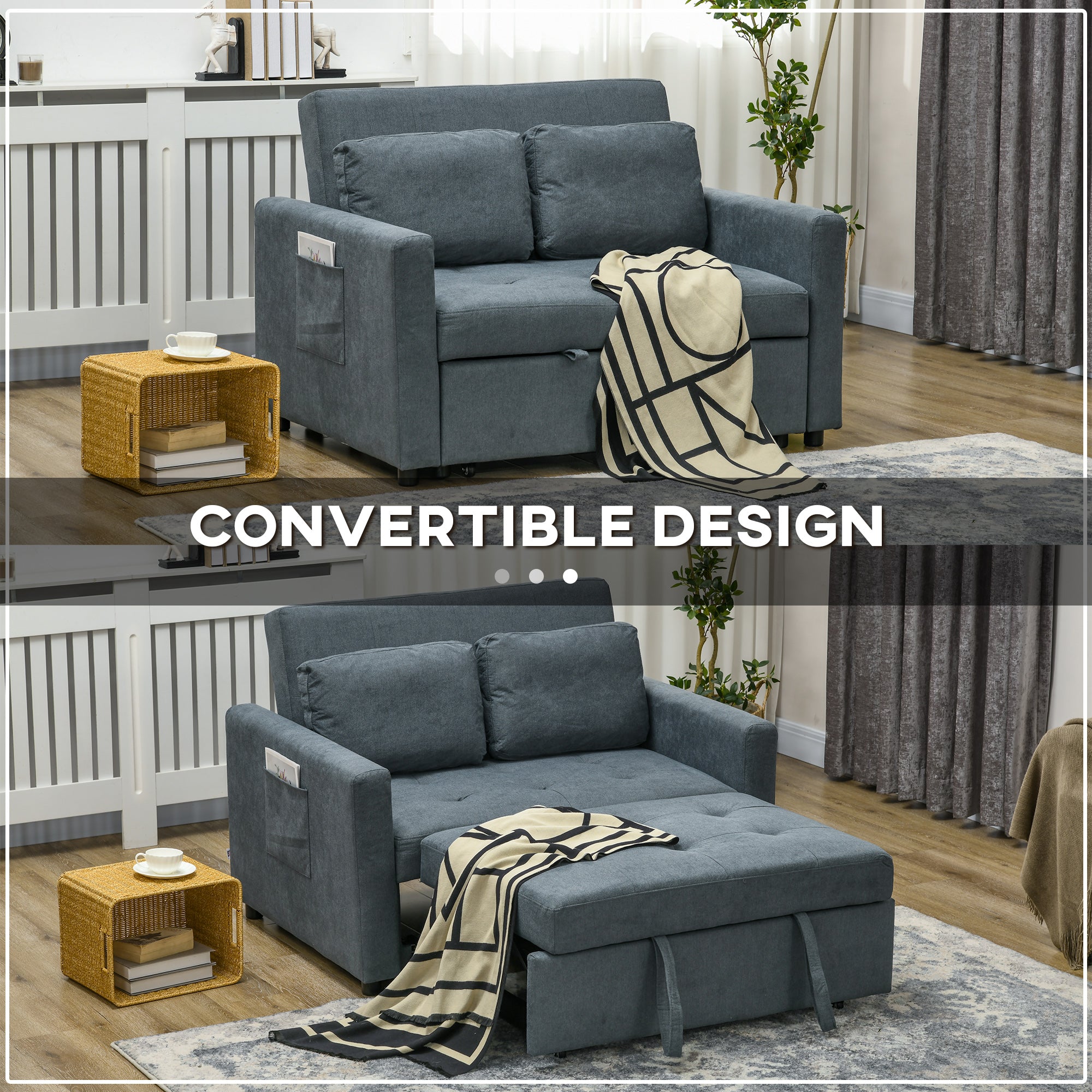 HOMCOM Loveseat Sofa Bed, Convertible Bed Settee with 2 Cushions, Side Pockets for Living Room, Charcoal Grey - North Peak Garden Furniture