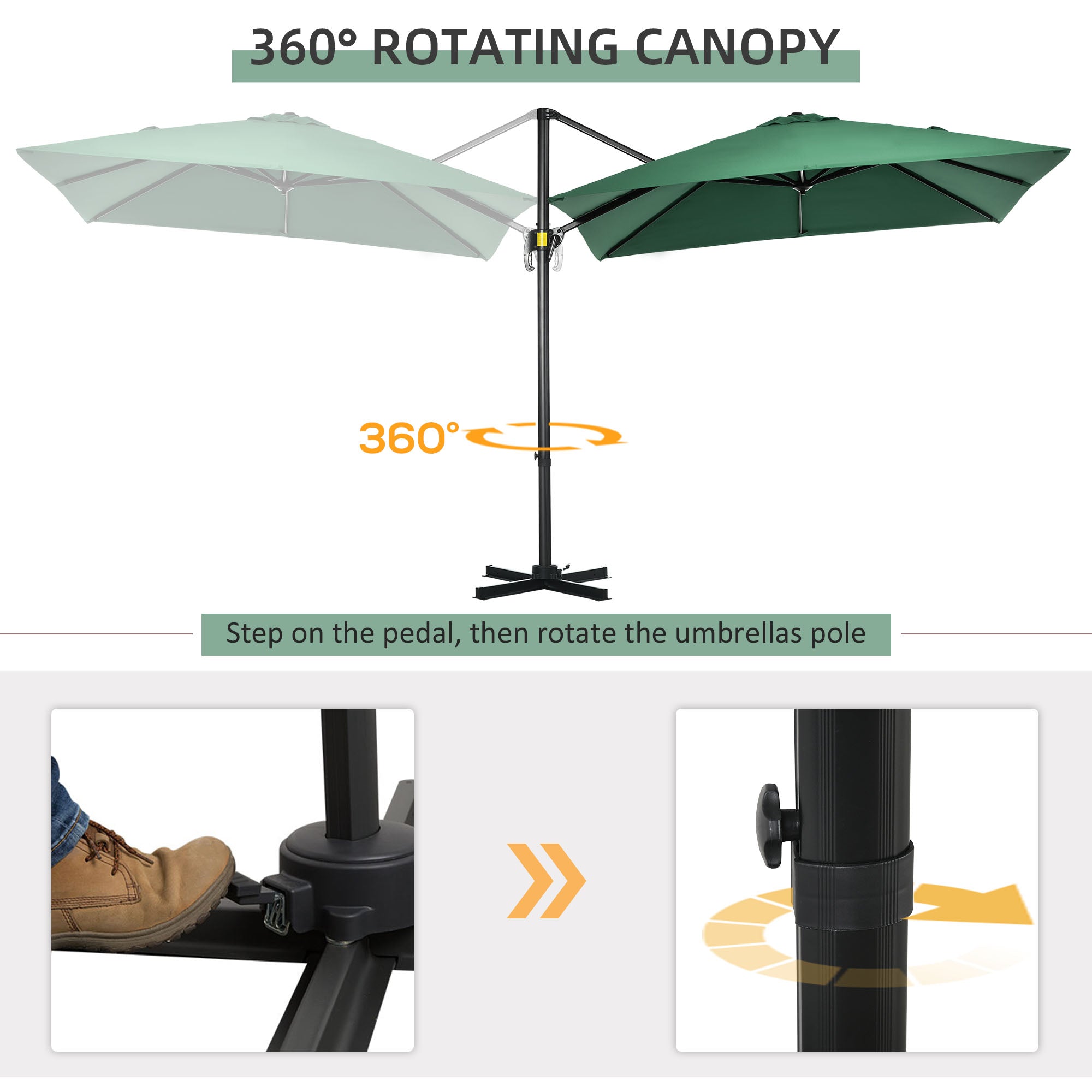 Outsunny Square Umbrella Parasol W/360° Rotation, 245Lx245Wx248H cm-Green - North Peak Garden Furniture