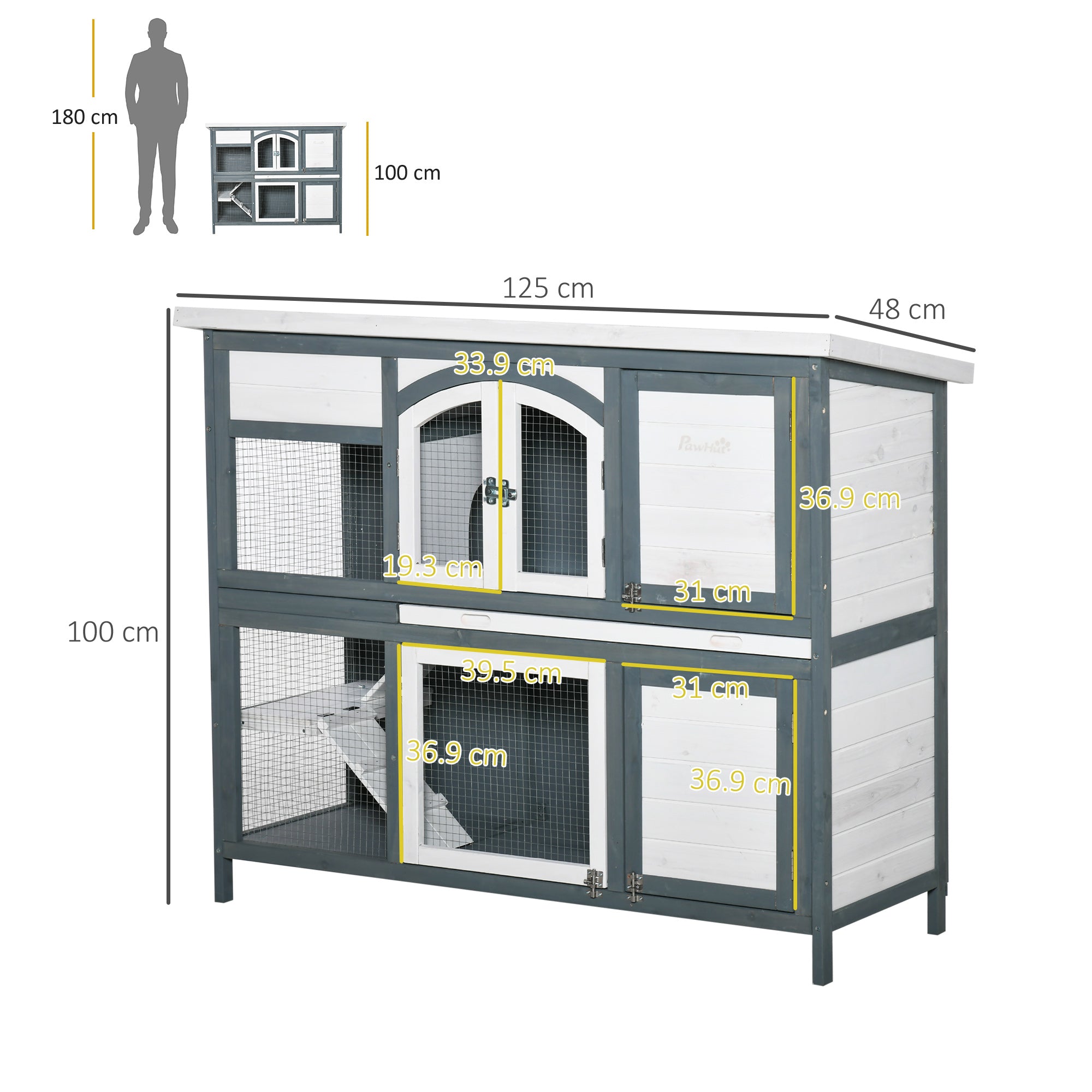 PawHut Rabbit Hutch Outdoor Guinea Pig Hutch 2 Tier Wooden Cage w/ Ramp, Divider, Openable Roof, 125 x 48 x 100cm - Grey - North Peak Garden Furniture