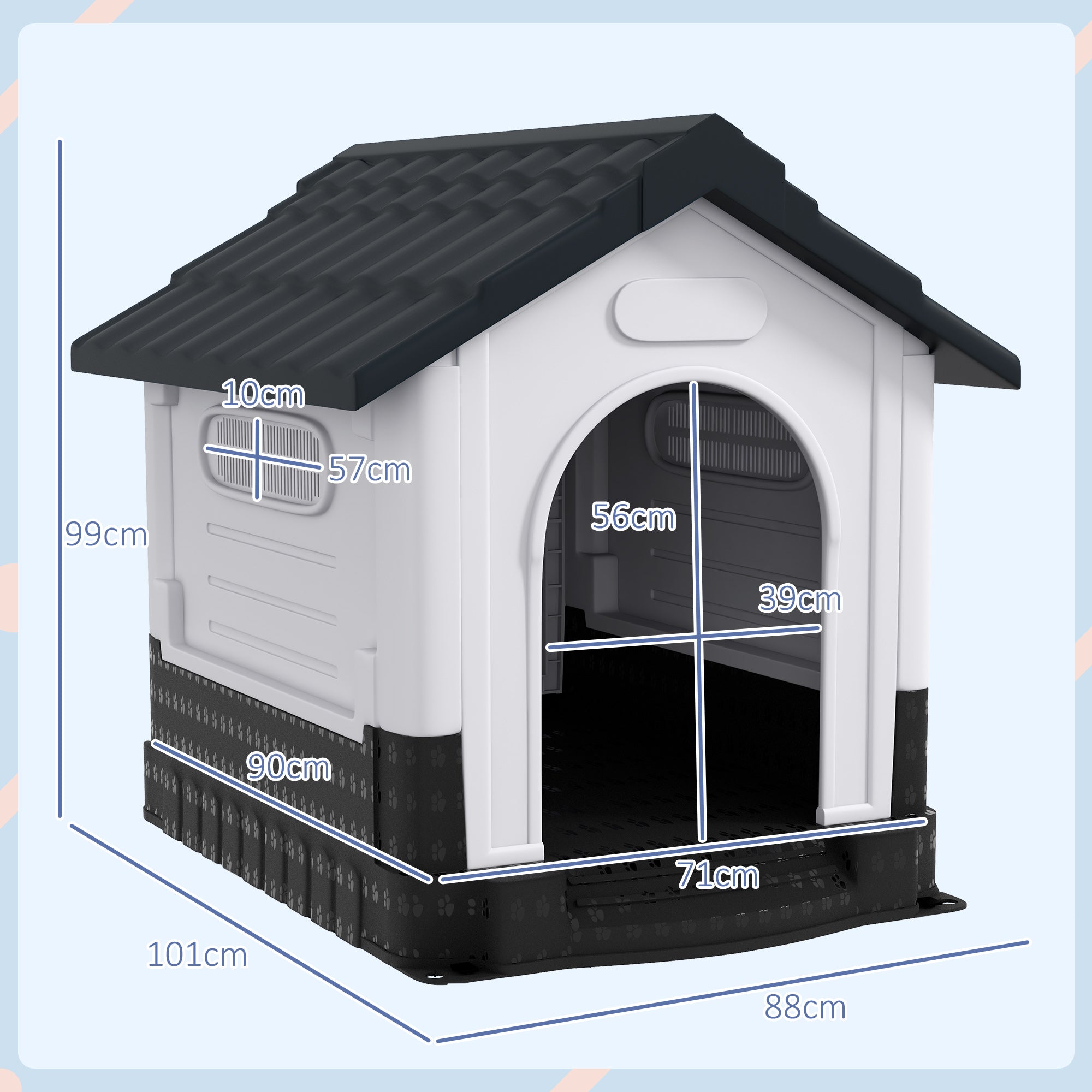 PawHut Plastic Dog Kennel with Windows, for Garden Patio, Medium and Large Dogs, 101 x 88 x 99cm - Grey