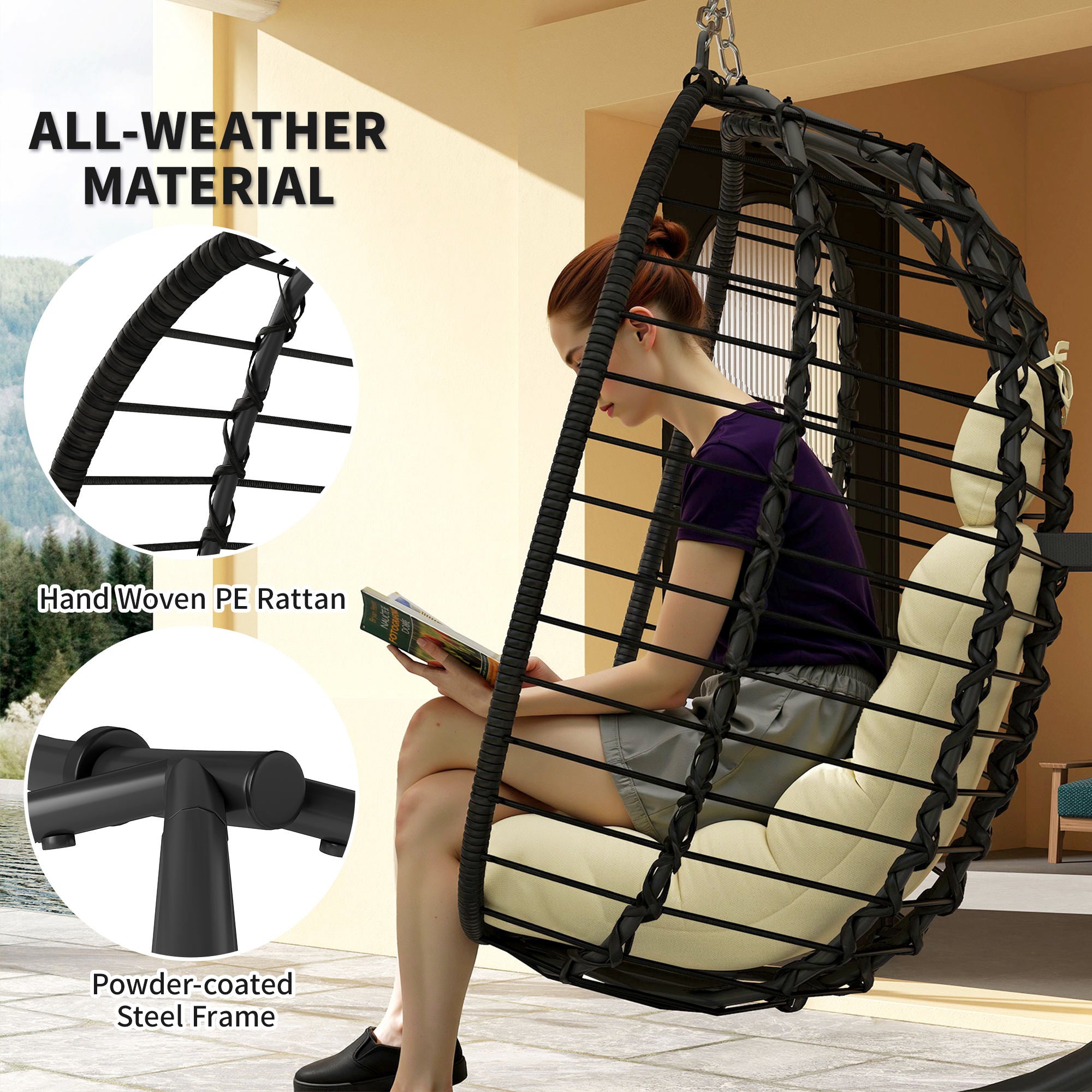 Outsunny Rattan Hanging Egg Chair, Foldable Wicker Hammock Swing Chair with Cushion, Stand, Adjustable Height, Head Pillow, Steel Frame for Garden Patio Indoor Outdoor, Cream White - North Peak Garden Furniture