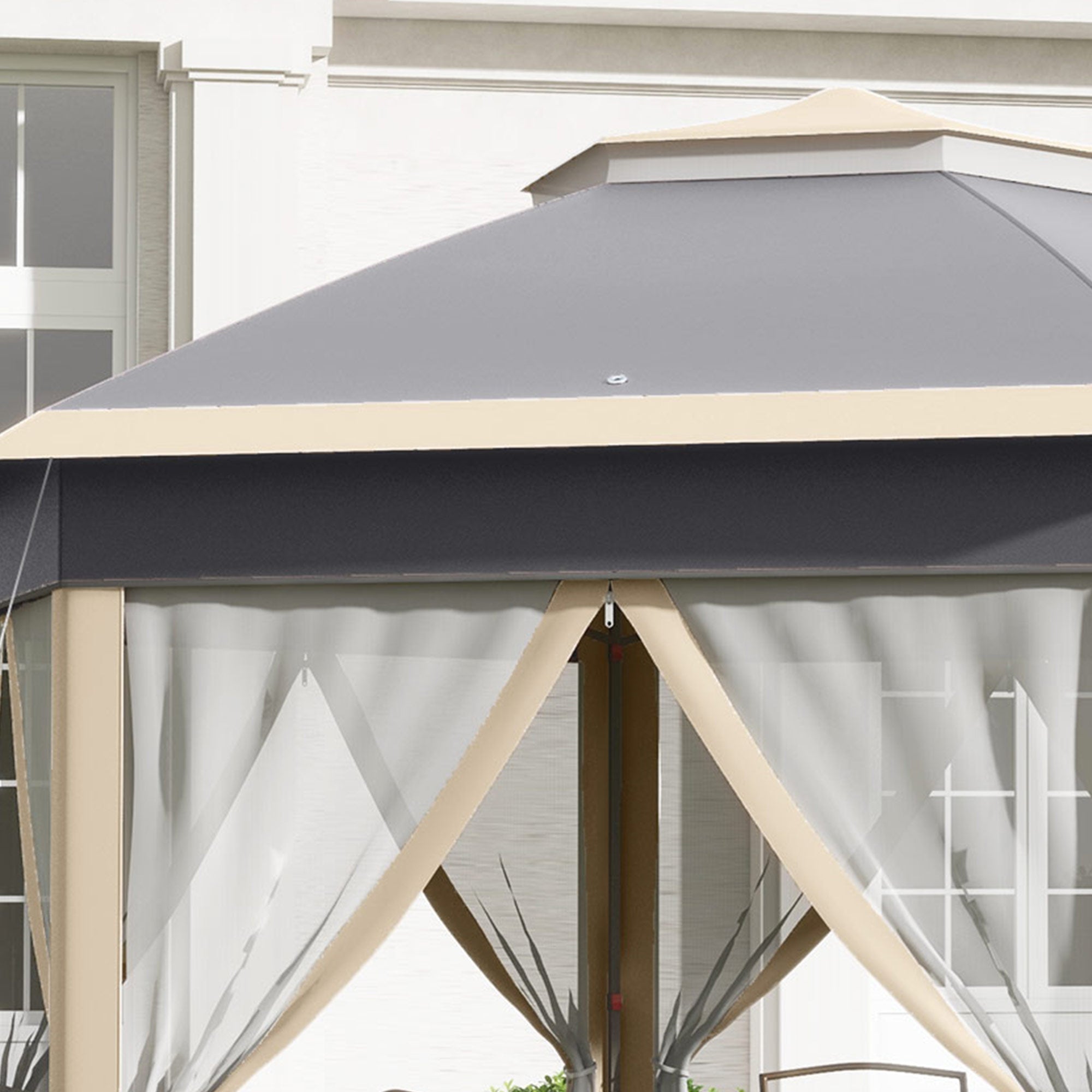 Outsunny Hexagon Pop Up Gazebo Outdoor Patio Gazebo Double Roof Instant Shelter with Netting, 3 x 4m, Khaki - North Peak Garden Furniture