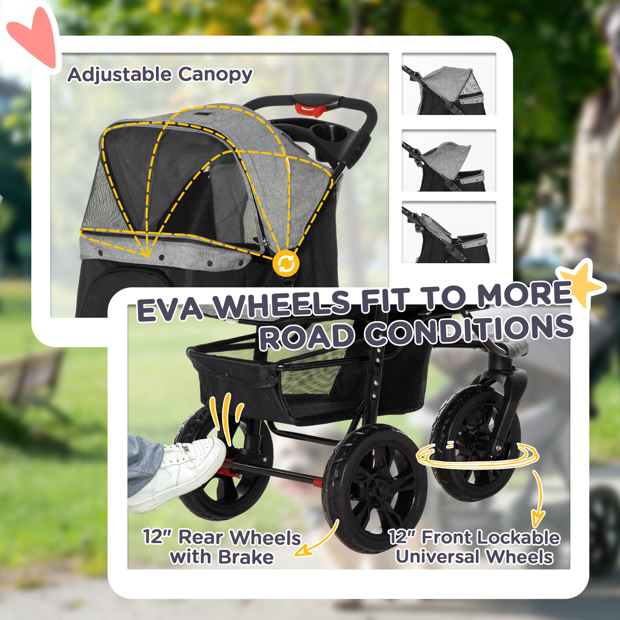 PawHut Dog Pram Dog Stroller Pet Stroller, 3 Wheels Dog Pushchair with Brake, for Small Miniature Dogs, Cats, Red - North Peak Garden Furniture