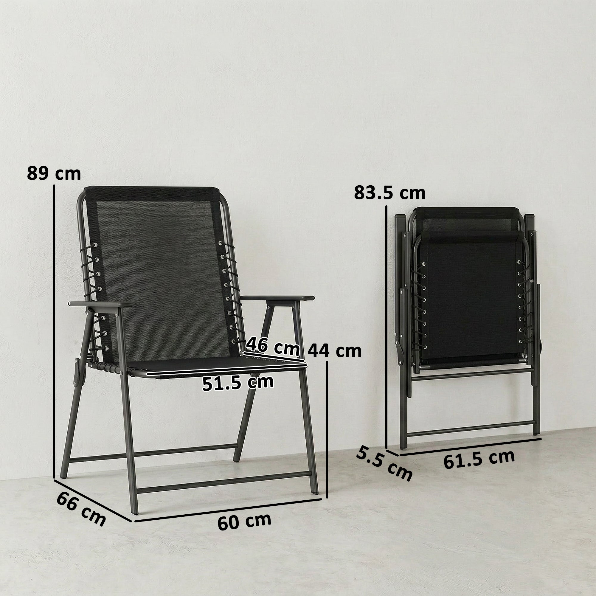 Outsunny Folding Garden Chairs Set of 2, Outdoor Dining Chairs with Wide Texteline Seat, High Back and Armrests, Black