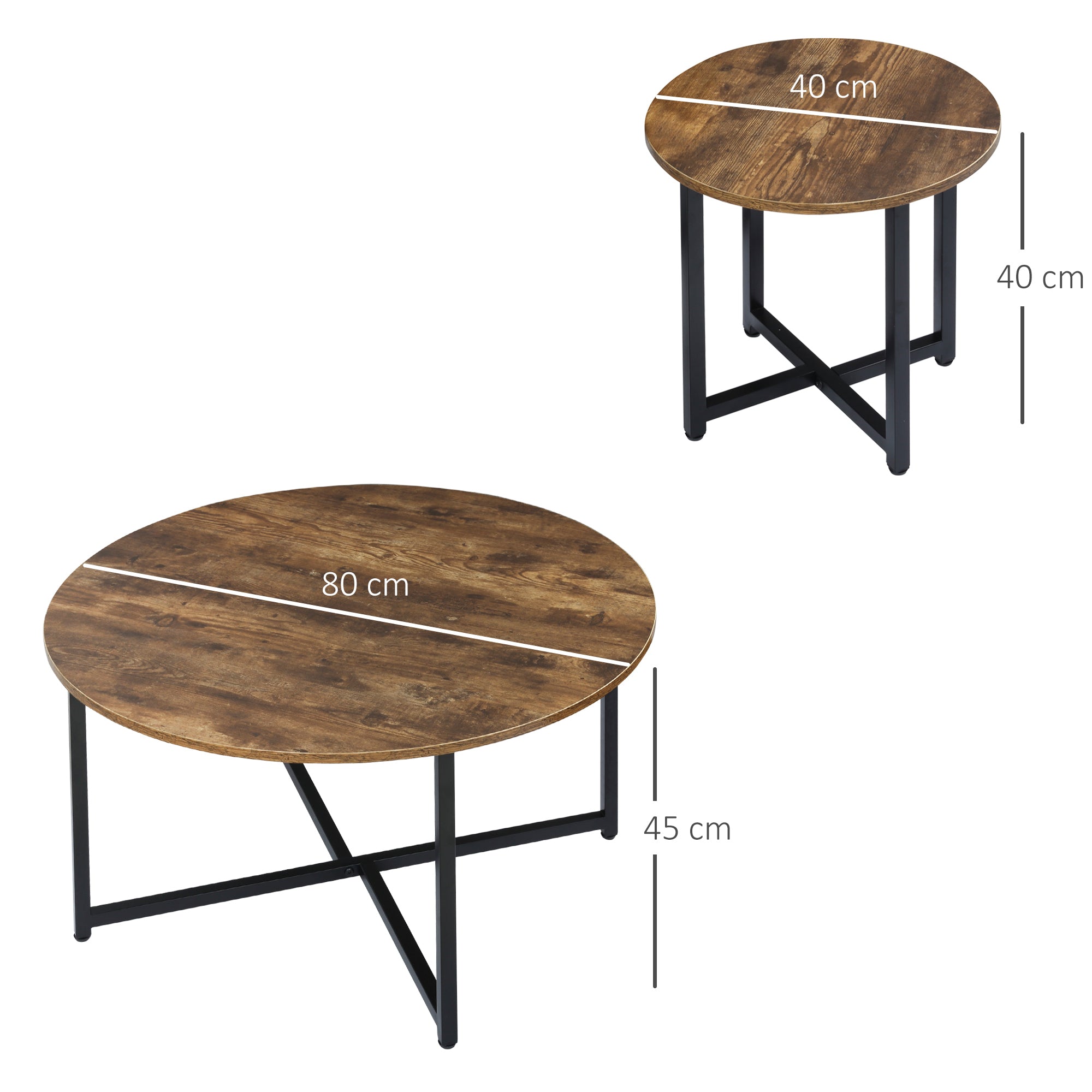 HOMCOM Round Coffee Table, Set of 2 Side Table with Metal Frame, Industrial End Table for Living Room Bedroom, Rustic Brown - North Peak Garden Furniture