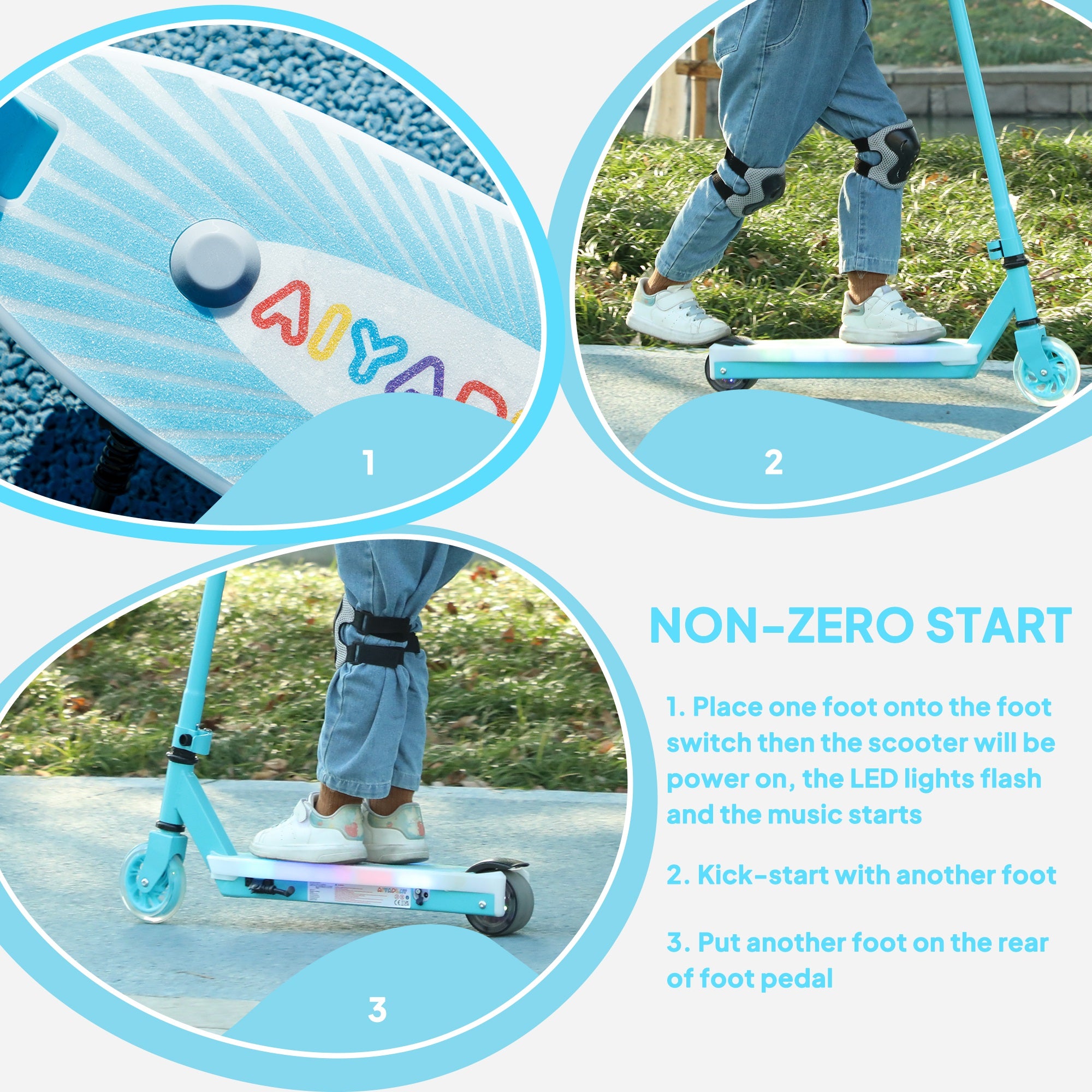 AIYAPLAY Electric Scooter for Kids Ages 4-7, with Auxiliary Rear Wheels, Flashing LED Light and Electric Brake, Kids Electric Scooter for Boys Girls, 6 KM/H & 8 KM, Blue - North Peak Garden Furniture
