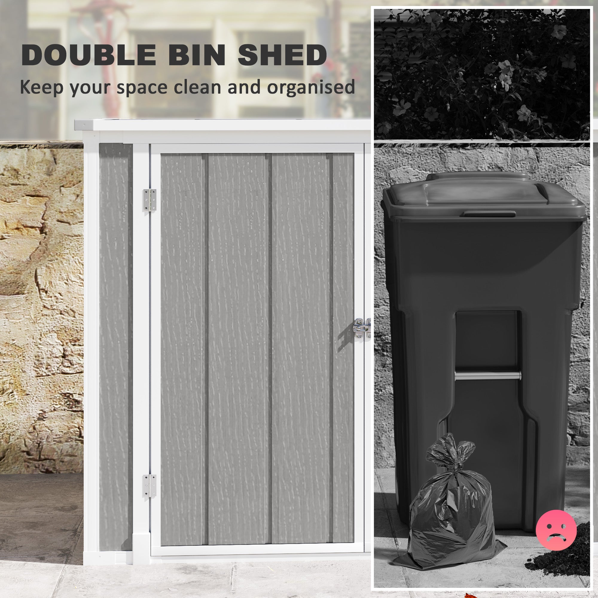 Outsunny 4.7 x 2.5FT Garden Shed, Double Bin Storage Shed with Lockable Doors, Outdoor Small Shed with Openable Lid for 2 Trash Cans, Garden Tools, Grey - North Peak Garden Furniture