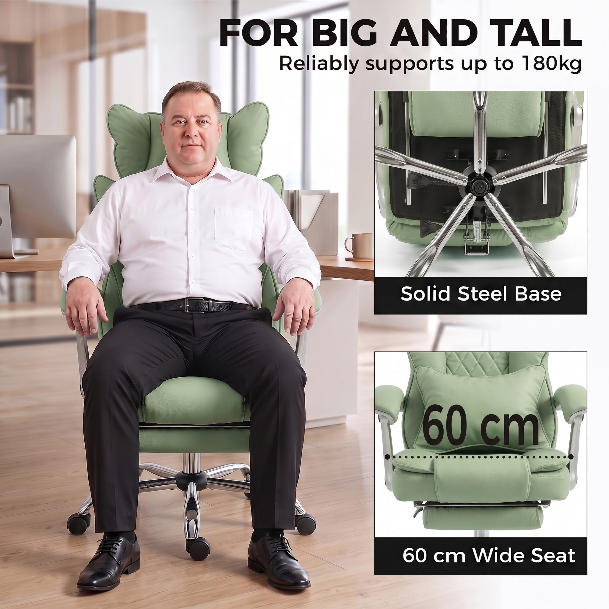 HOMCOM Executive Office Chair, PU Big and Tall Office Chair 180 kg with Wide Seat, Reclining, Lumbar Support, Light Green