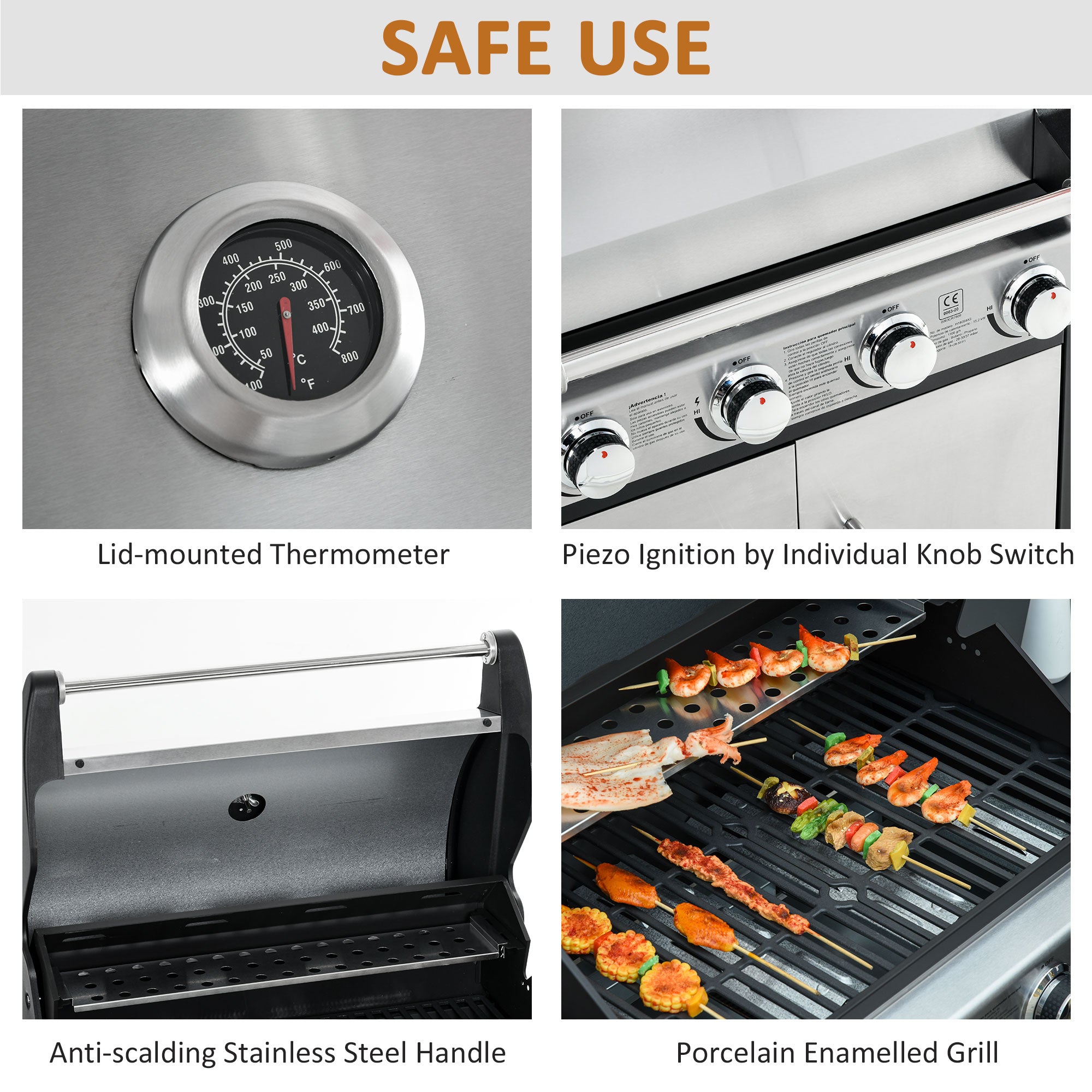 Outsunny Gas Barbecue Grill 4+1 Burner Garden Smoker BBQ Trolley w/ Side Burner Warming Rack Side Shelves Storage Cabinet Piezo Ignition Thermometer Stainless Steel + Metal - North Peak Garden Furniture