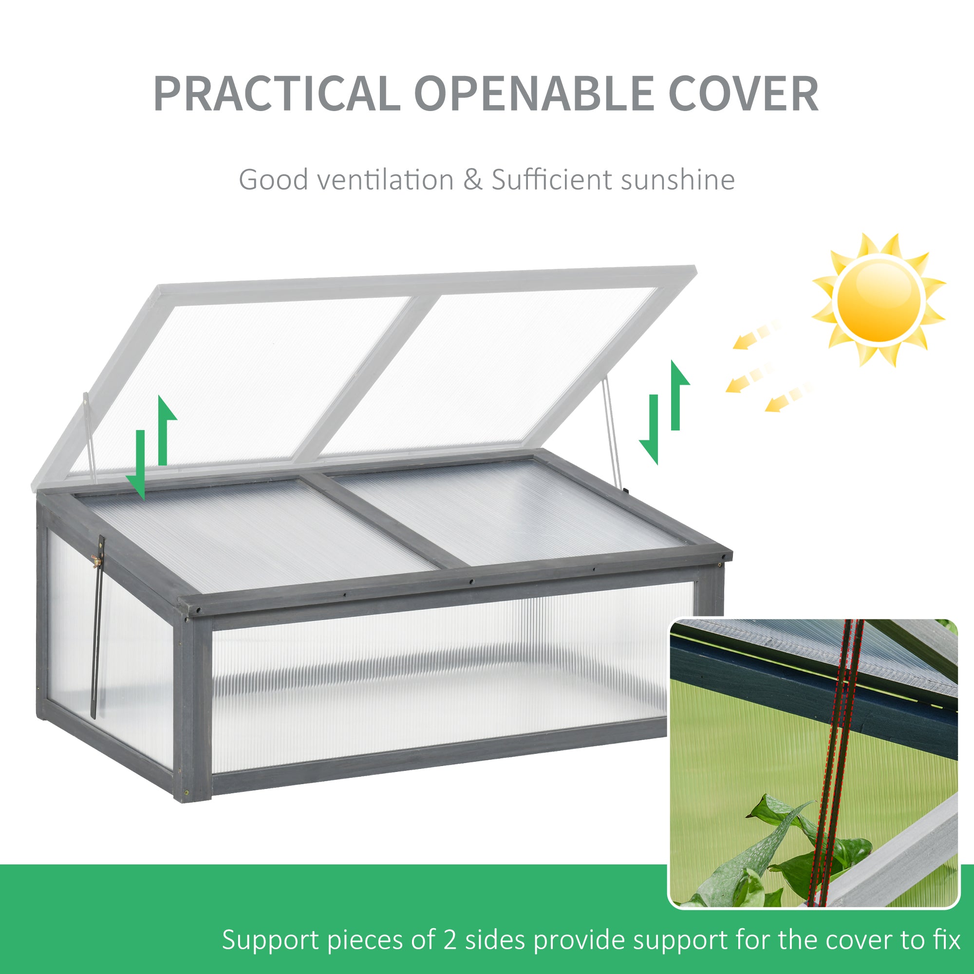 Outsunny Wooden Cold Frame, Small Polycarbonate Greenhouse for Plants with Openable & Tilted Top Cover, Grey, 100 x 65 x 40cm - North Peak Garden Furniture
