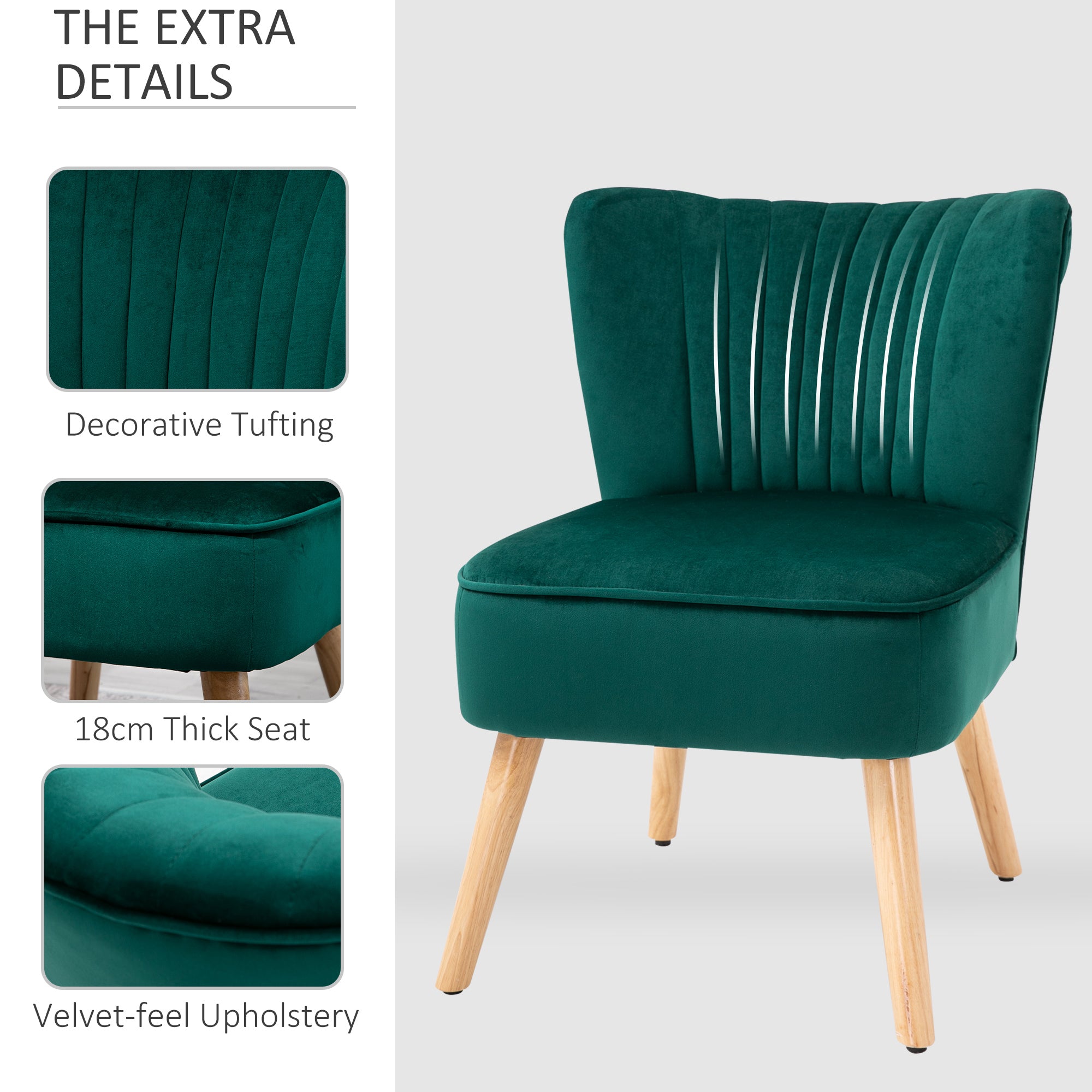 HOMCOM Velvet Accent Chair Occasional Tub Seat Padding Curved Back with Wood Frame Legs Home Furniture Set of 2 Green