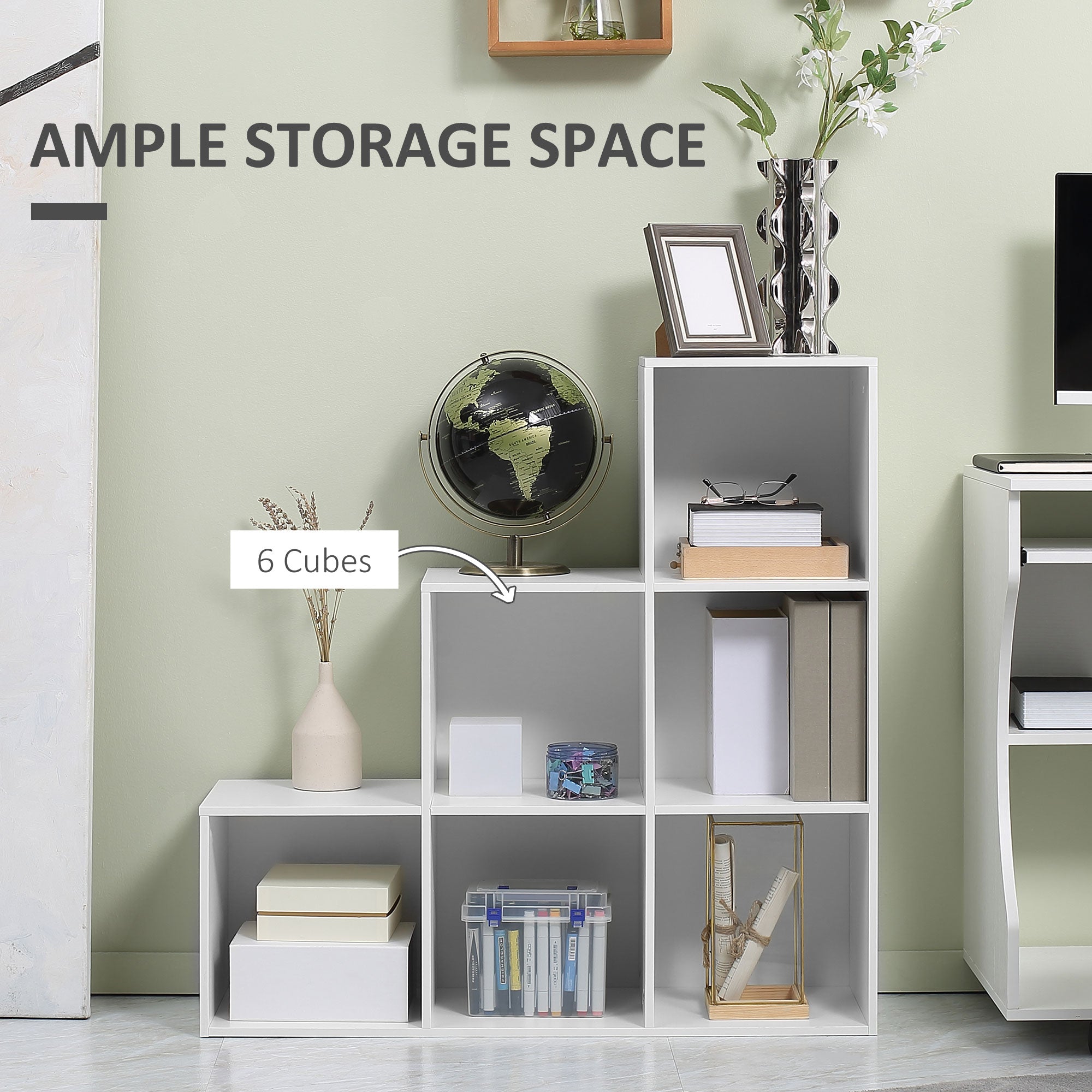 HOMCOM 3-tier Step 6 Cubes Storage Unit Particle Board Cabinet Bookcase Organiser Home Office Shelves - White - North Peak Garden Furniture