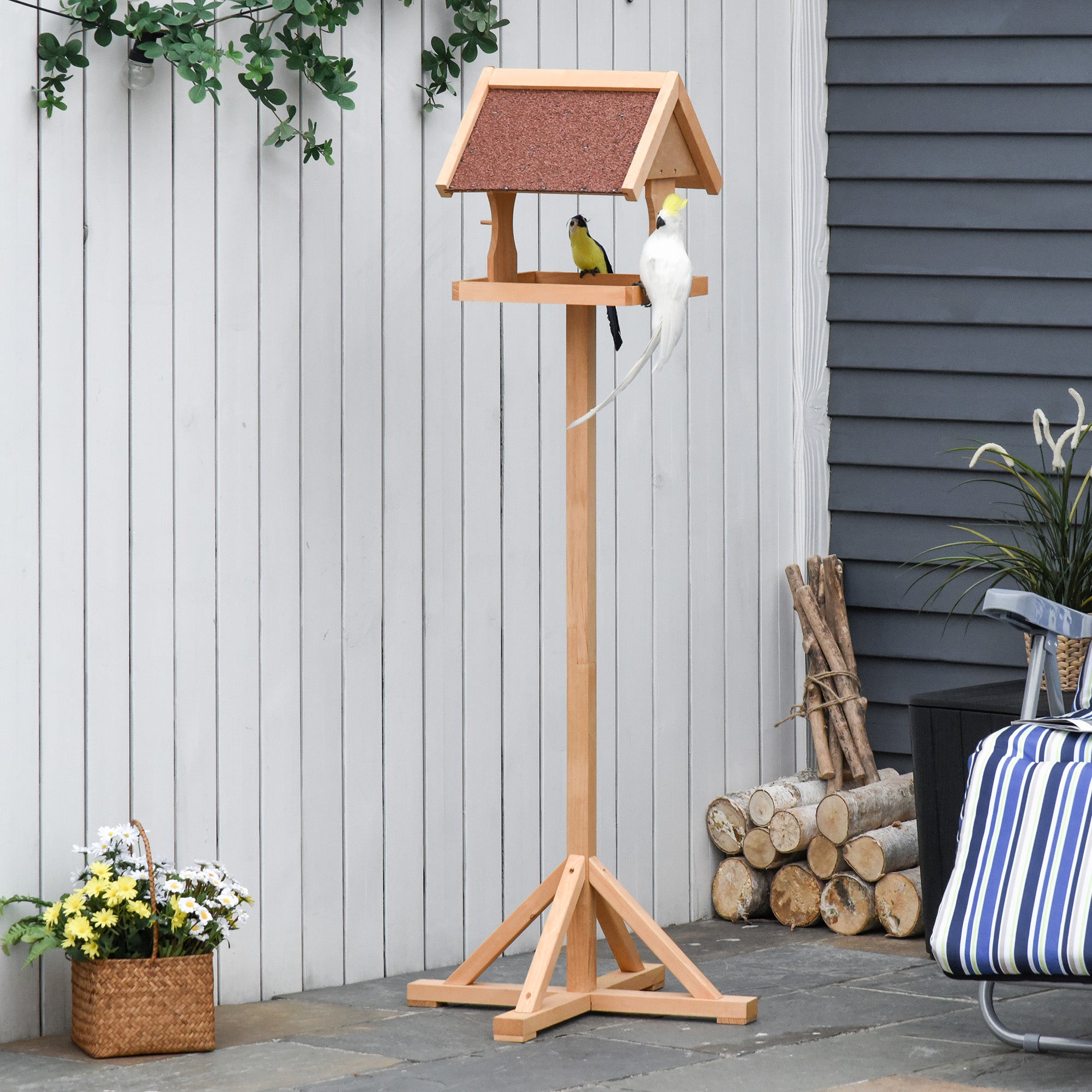 PawHut Bird Feeder Table, Wooden Freestanding Outdoor Feeding Station with Weatherproof Roof, Cross-shaped Base, Natural, 55 x 55 x 144cm