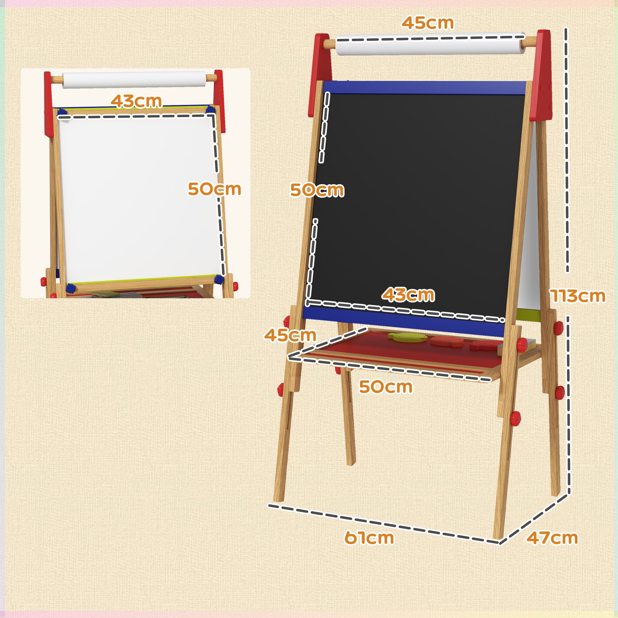 AIYAPLAY 3 in 1 Wooden Kids Easel with Paper Roll, Whiteboard & Chalkboard, Painting Accessories