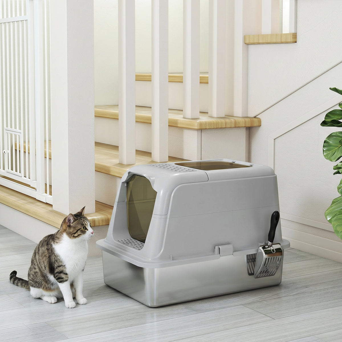 PawHut Extra Large Stainless Steel Litter Box, Enclosed Cat Litter Tray with Scoop, Deodorizer Bag, Front-Entry and Top-Exit
