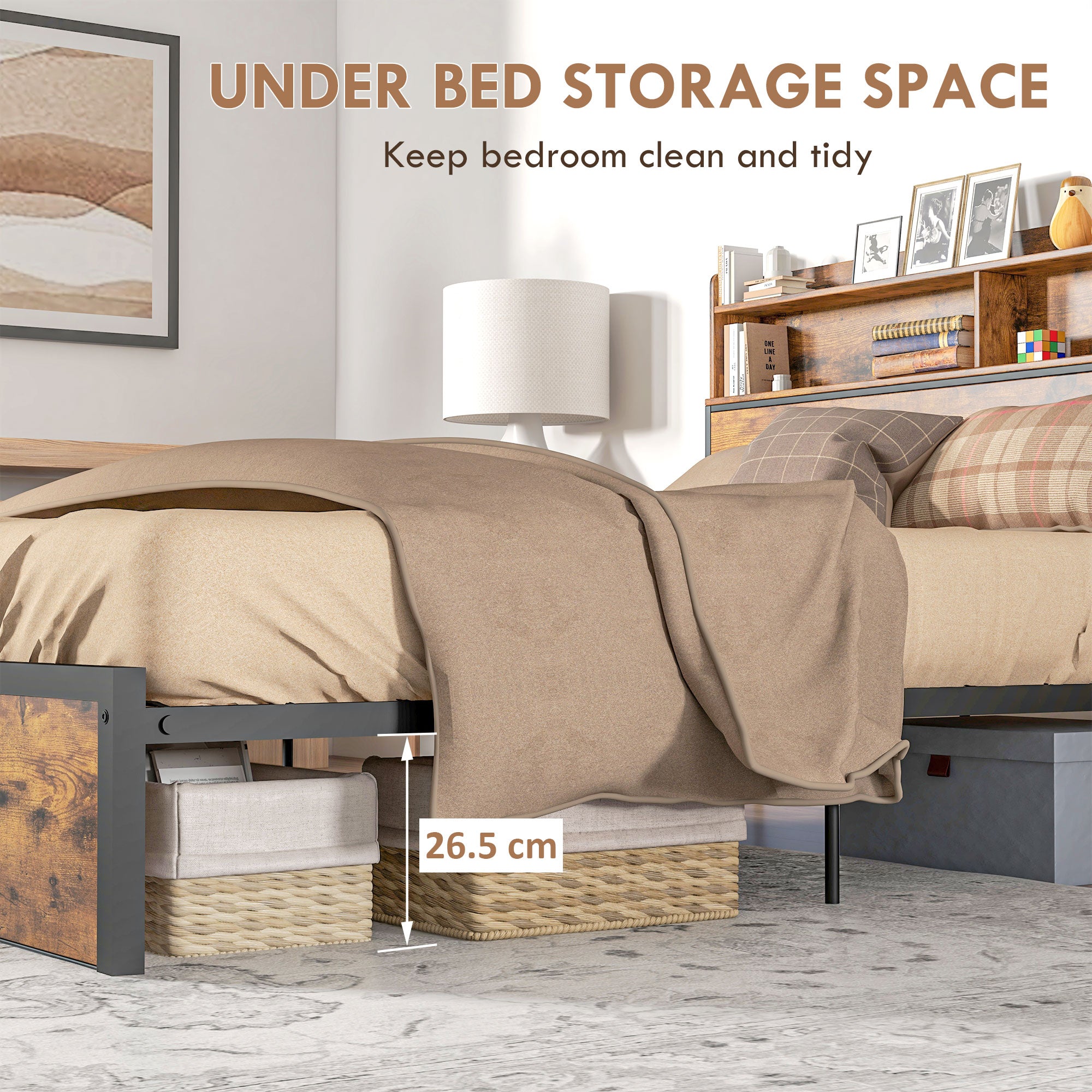 HOMCOM Industrial King Bed Frame, 5.2FT Steel Bed Base with Storage Headboard, Footboard, Slatted Support and Under Bed Storage, 158 x 222cm, Rustic Brown - North Peak Garden Furniture