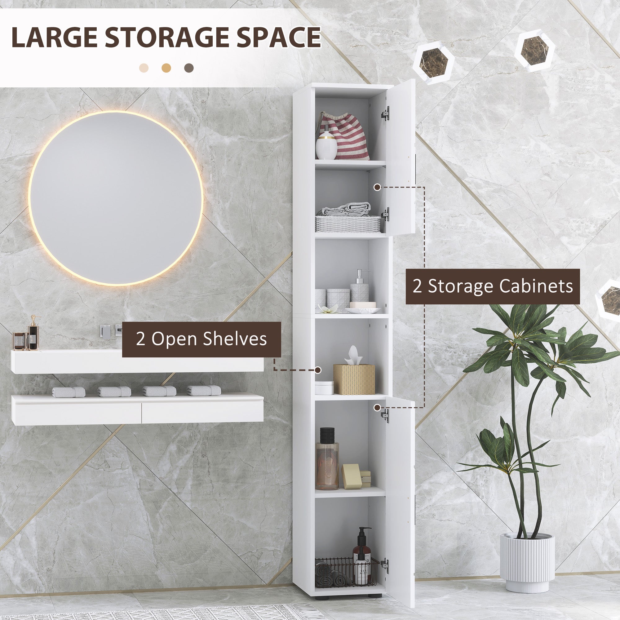 kleankin Line Embossed Tall Bathroom Storage Cabinet - White - North Peak Garden Furniture