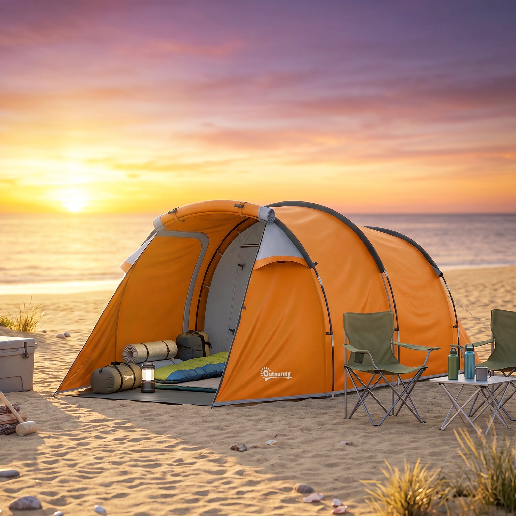 Outsunny 2-3 Man Tunnel Tents w/ Vestibule Camping Tent Porch Air Vents Weather-Resistant Shelter, Orange