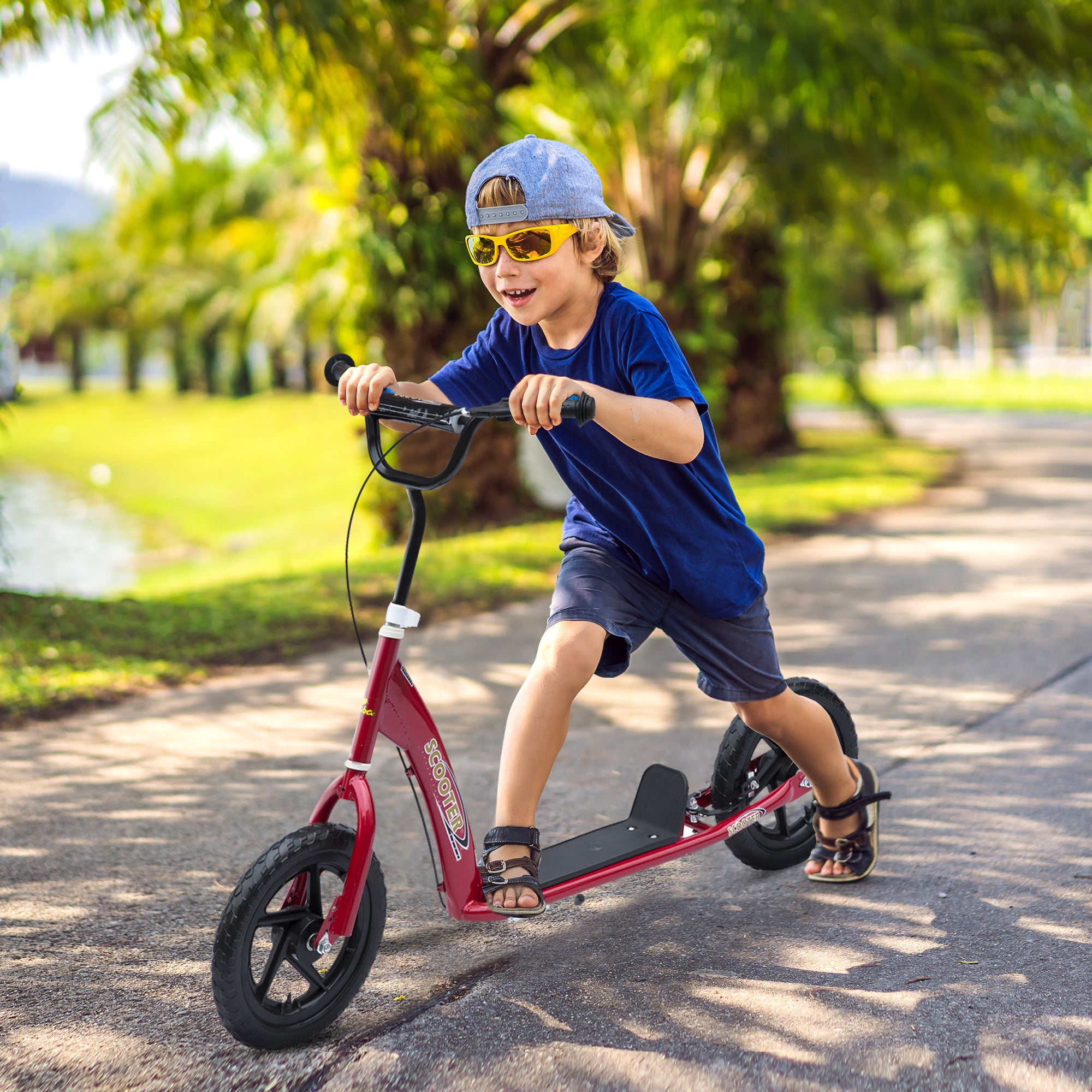 HOMCOM Teen Push Scooter Kids Children Stunt Scooter w/ 12" EVA Tyres, Red