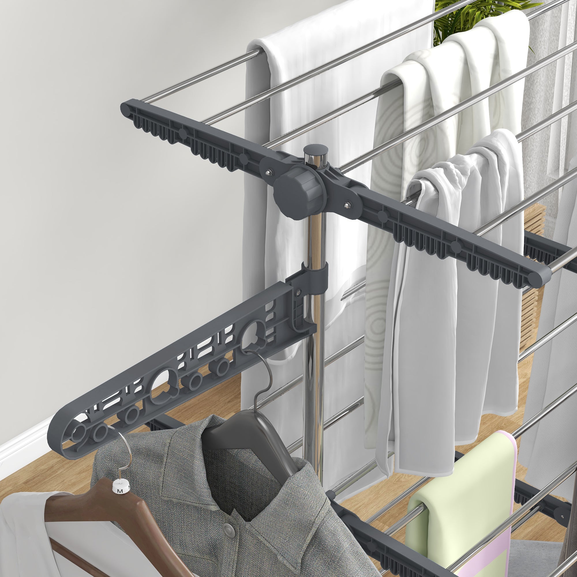 HOMCOM Three-Shelf Collapsing Clothes Horse, With Side Arms and Wheels - Grey - North Peak Garden Furniture