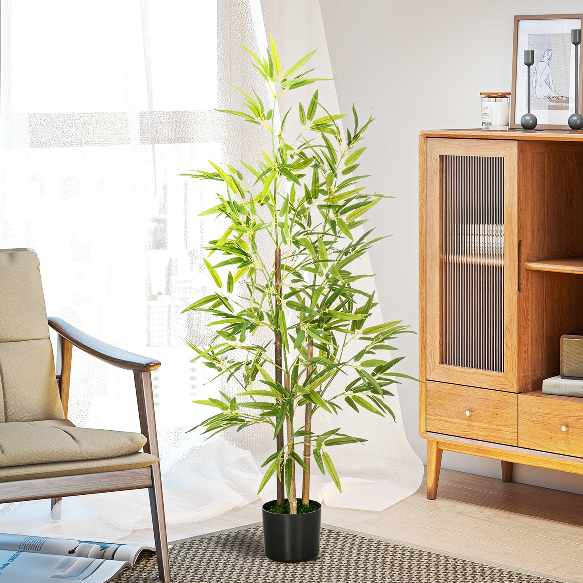 HOMCOM Artificial Plant Bamboo Artificial Tree Height 120 cm with Pot for Home Indoor Decor - North Peak Garden Furniture