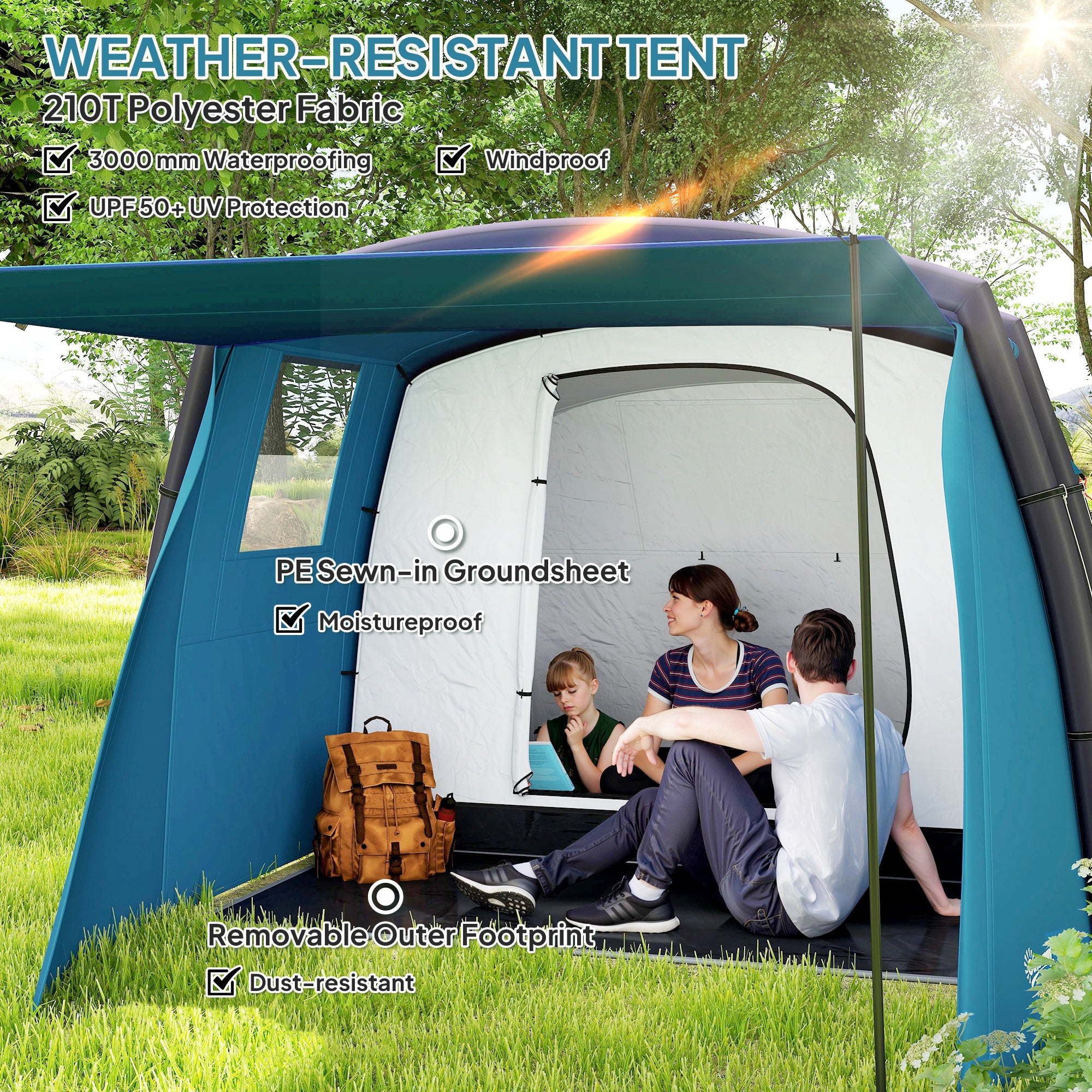 Outsunny Inflatable 3-4 Man Tunnel Tent w/ Air Pump, Living Area & Vestibule, Waterproof Family Camping Air Tent w/ Sewn In Groundsheet & Removable Footprint for Camping, Hiking, Blue - North Peak Garden Furniture