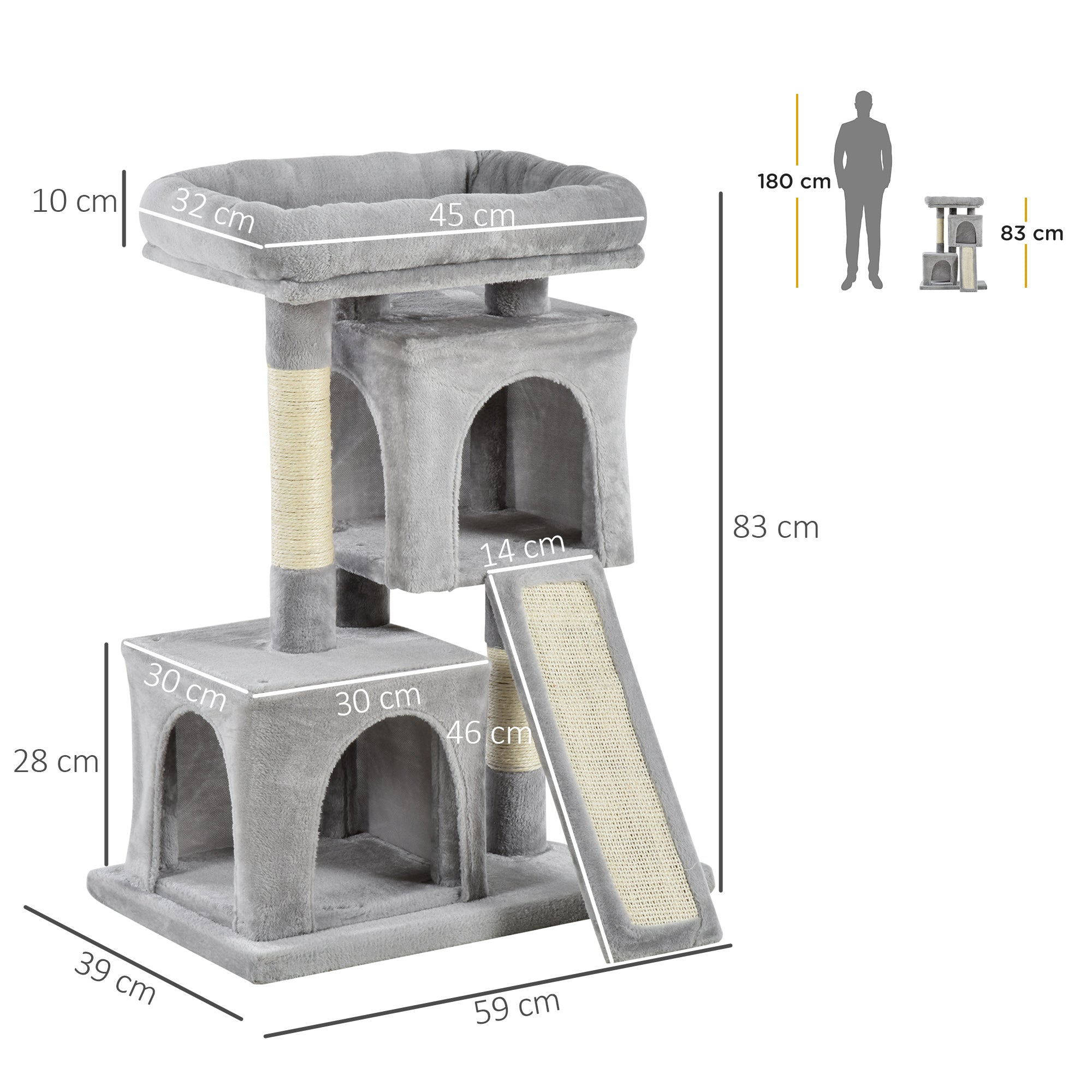 PawHut Feline Fortress: 3-Tier Cat Tower with Sisal Scratchers, Leisure Lounge in Light Grey