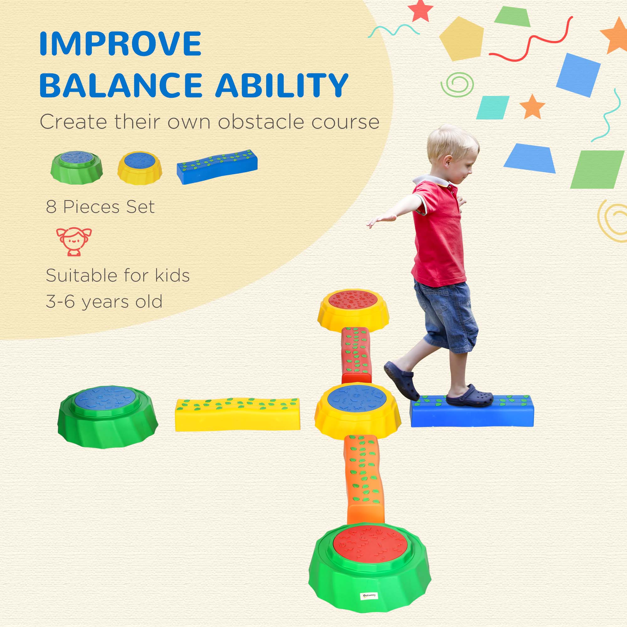 Outsunny Eight-Piece Kids Stepping Stones, with Non-Slip Surface & Bottom, for Toddlers - Multicoloured - North Peak Garden Furniture