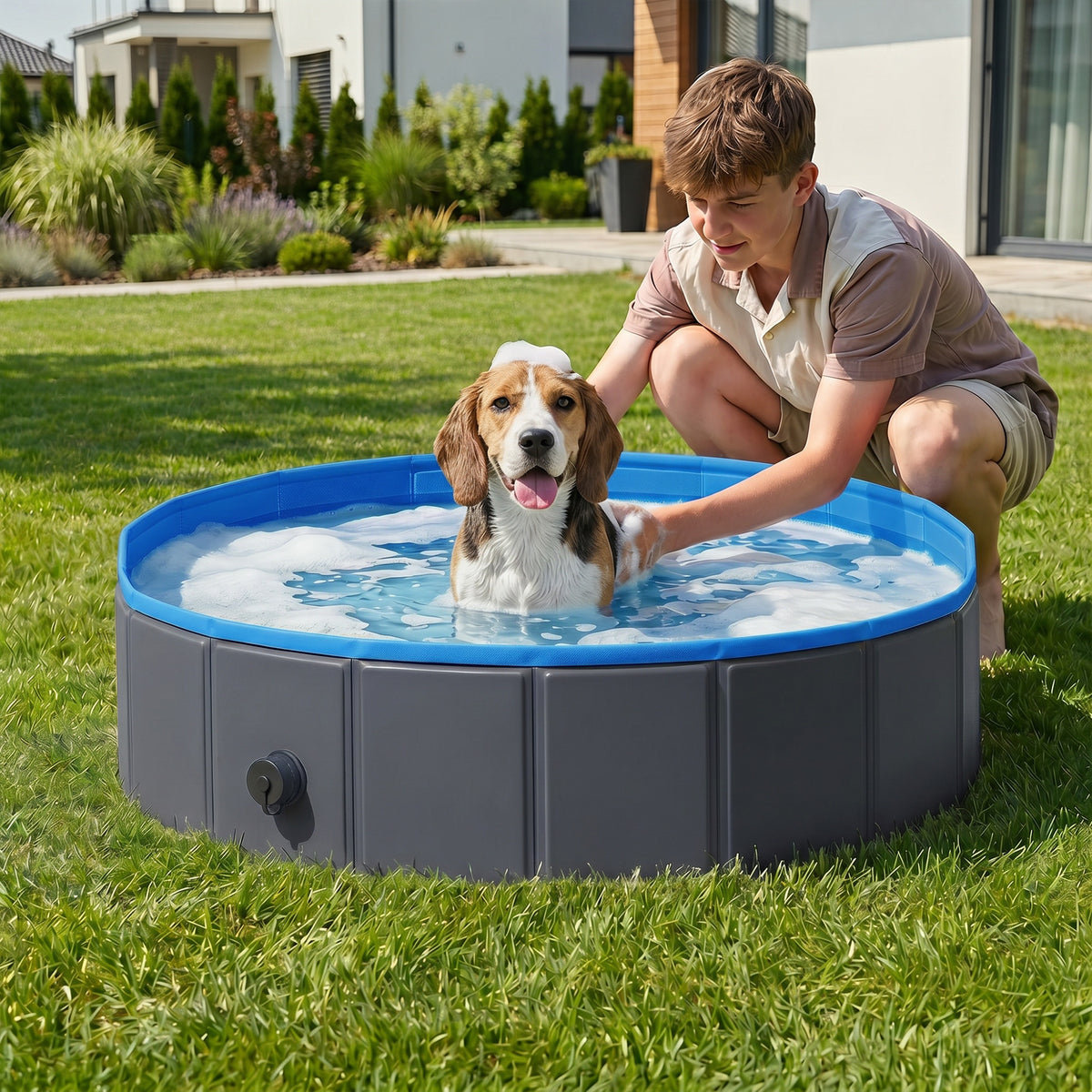 PawHut Foldable Dog Pool for Puppies and Ducks Dog Paddling Pool Bath Tub, Dark Grey, 100 x 30 cm