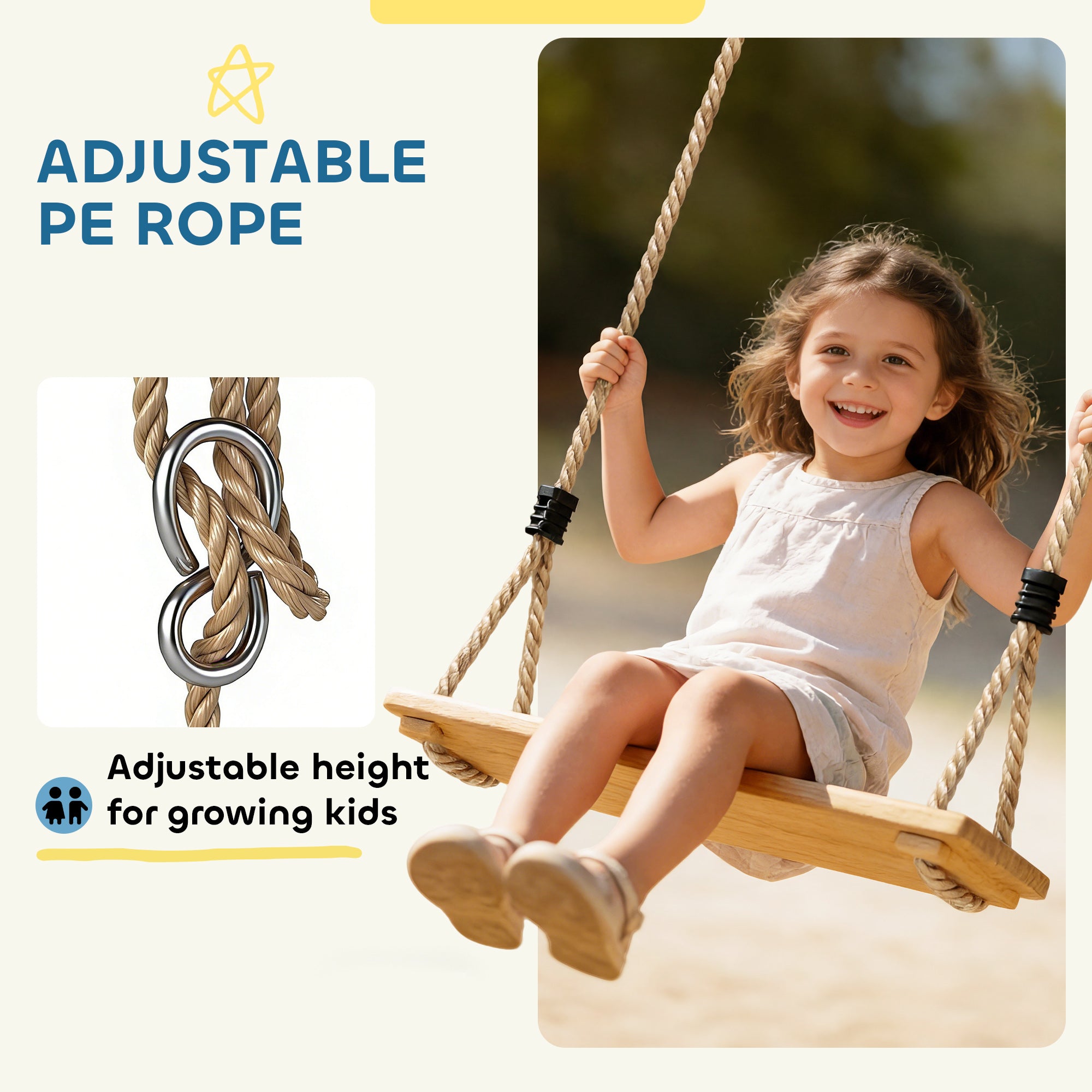 AIYAPLAY Wooden Swing Seat, Kids Swing Set with Adjustable Rope and Tree Straps, Outdoor Playground Playset for Kids