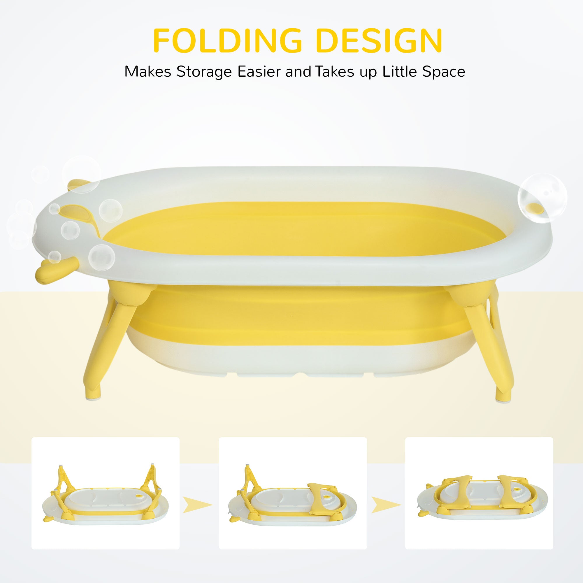 HOMCOM Foldable Baby Bathtub Set, Collapsible Bath Tub with Thermostatic Water Plug, Non-Slip Support, Cushion Pad, Drain Plugs, for Newborn to 3 Years - Yellow - North Peak Garden Furniture