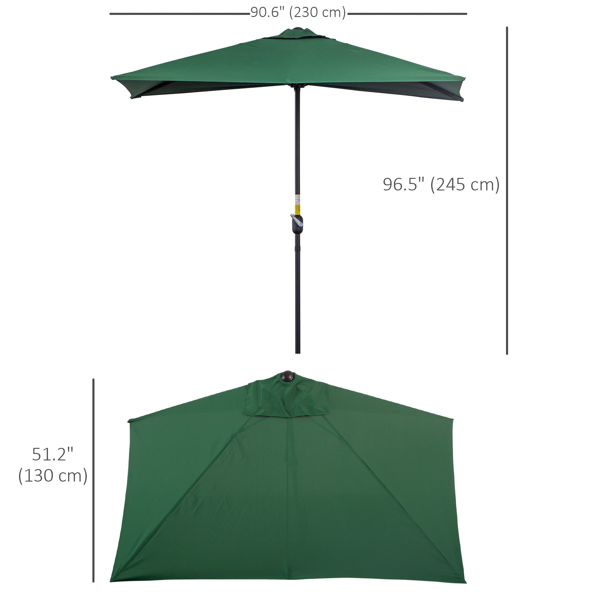 Outsunny Balcony Half Parasol Semi Round Umbrella Patio Crank Handle (2.3 m, Green)- NO BASE INCLUDED - North Peak Garden Furniture