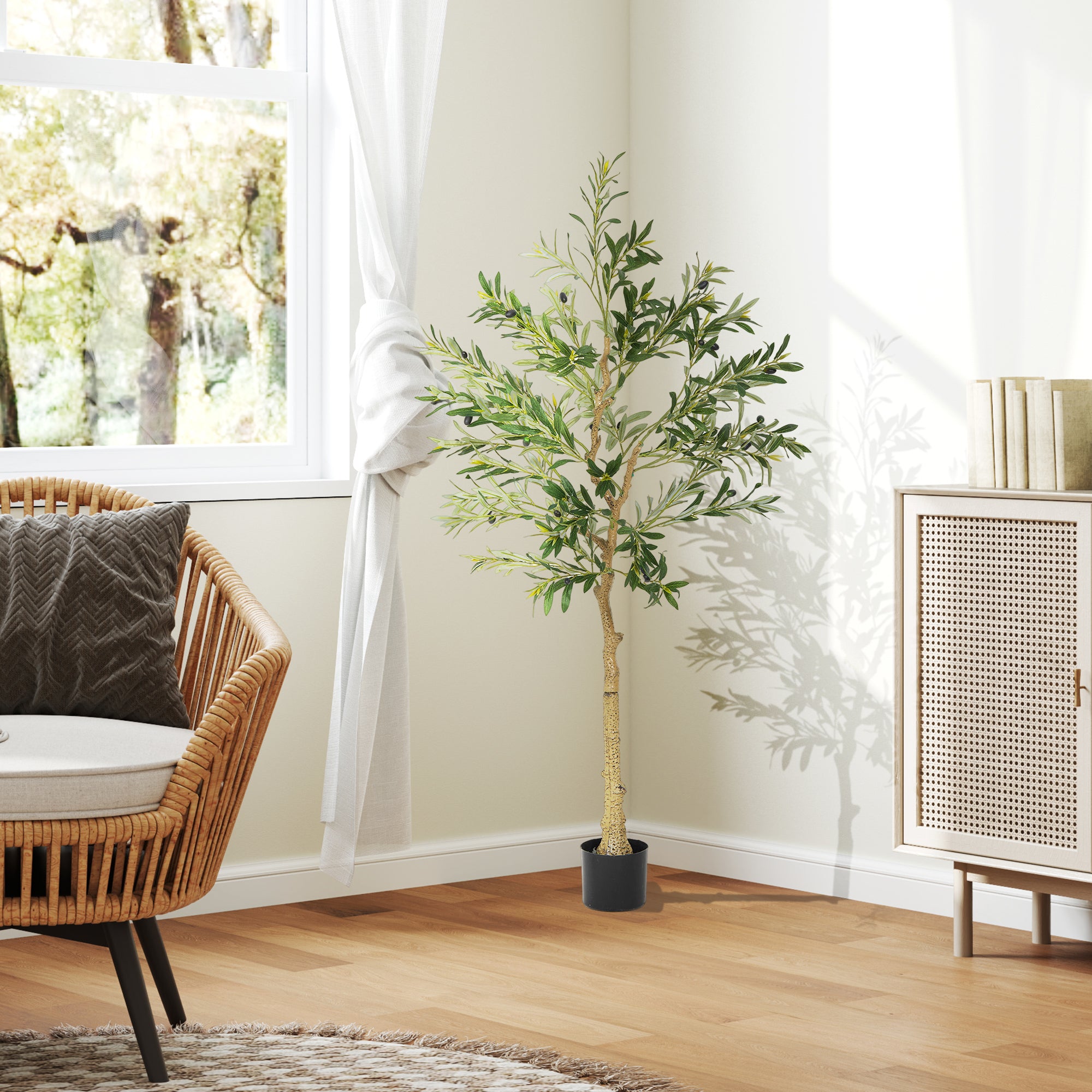 HOMCOM 5ft/ 150cm Decorative Artificial Plant, Silk Olive Tree with 720 Leaves and 32 Olive Fruits in Pot, Fake Plant for Home, Office, Living Room, Indoor Decor - North Peak Garden Furniture