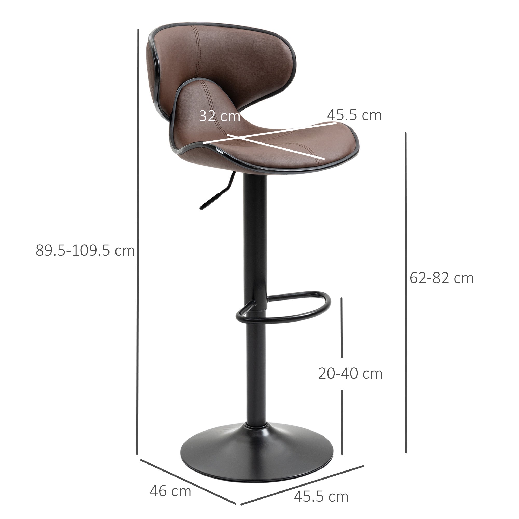 HOMCOM Adjustable Swivel Bar Stools Set of 2, Barstools with Footrest and Backrest, Steel Frame Gas Lift, for Kitchen Counter Dining Room, Brown - North Peak Garden Furniture