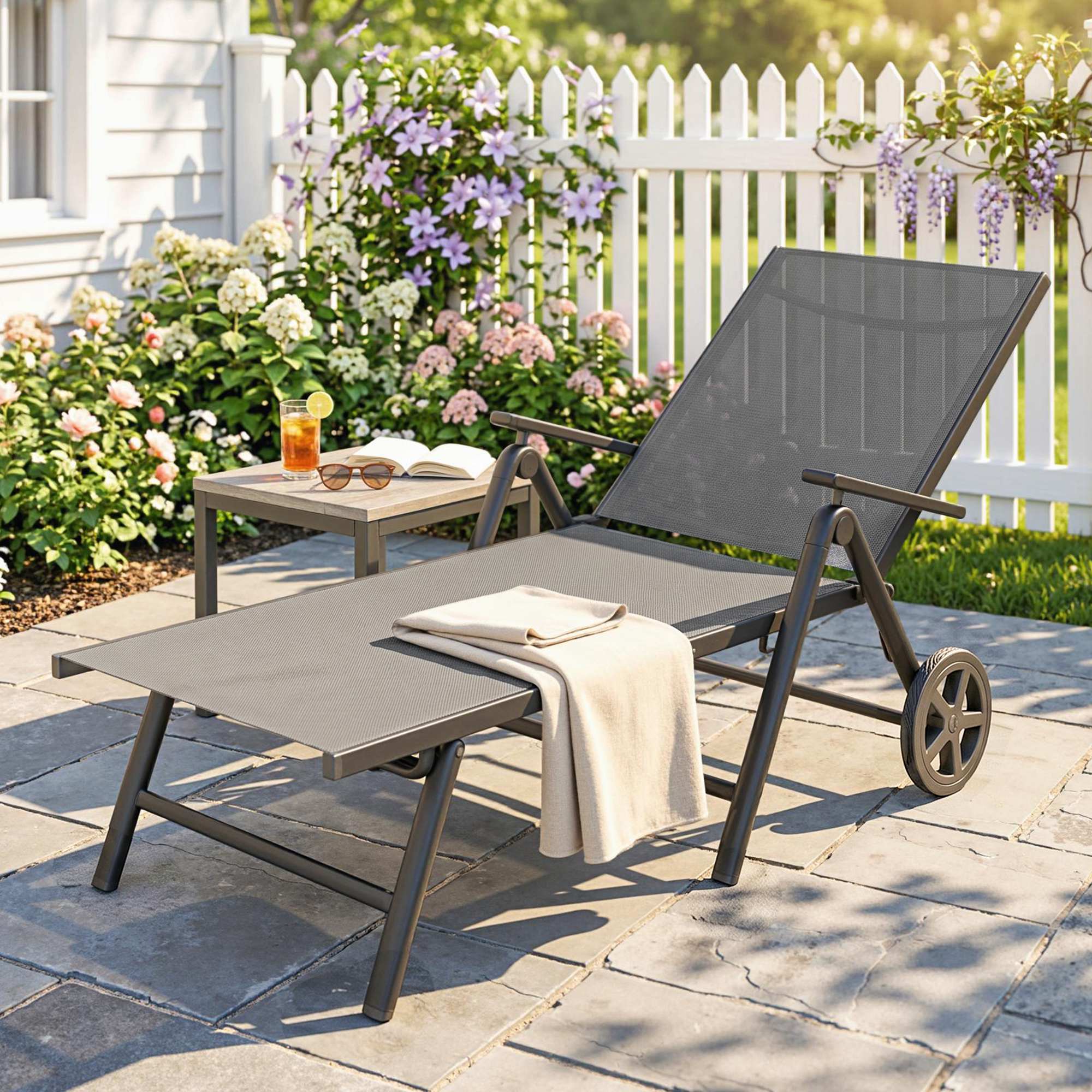 Outsunny Folding Sun Lounger with Wheels, 5-Position Adjustable Garden Chaise Lounge Sunbed with Armrests, Metal Frame Outdoor Portable Reclining Chair for Beach, Porch, Grey