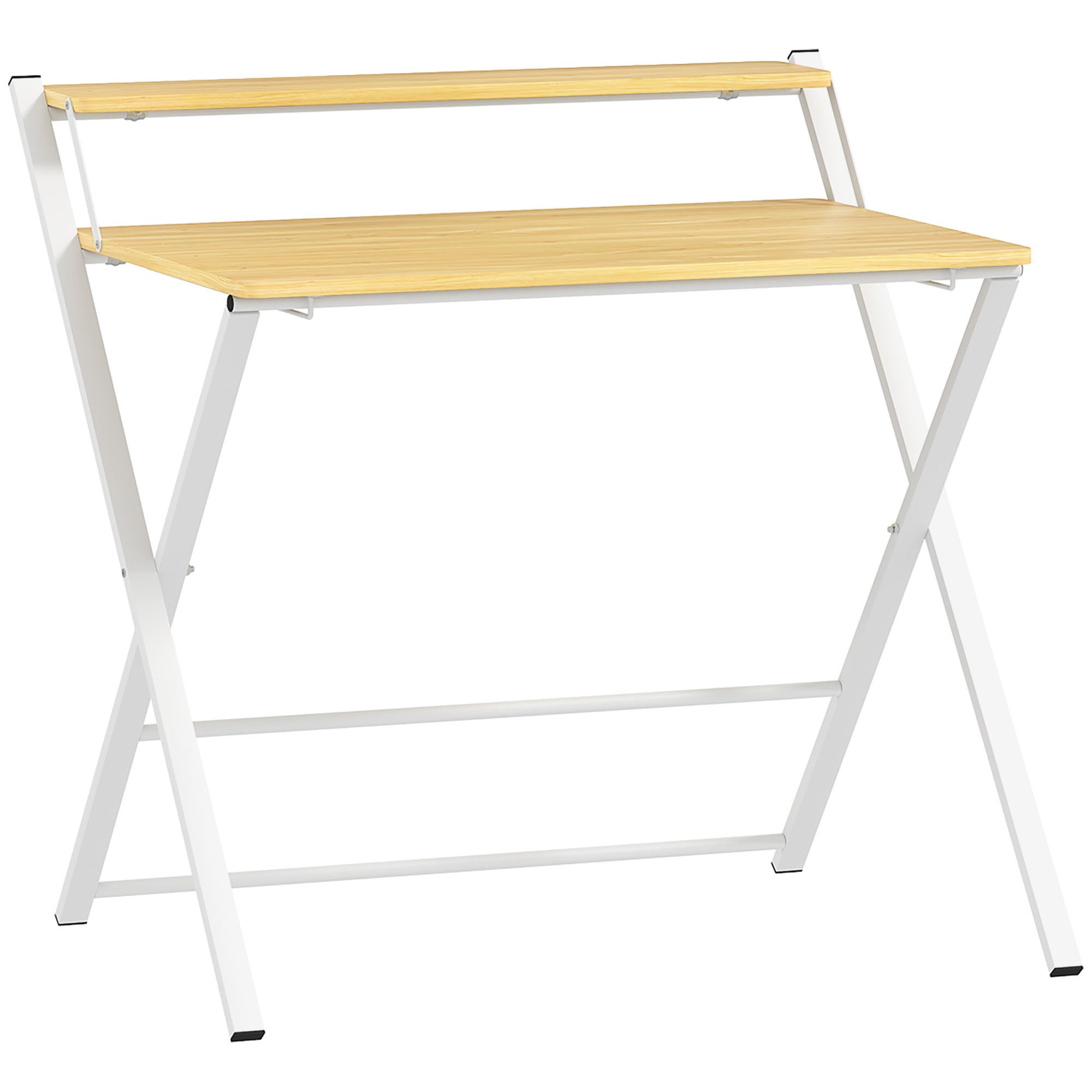 HOMCOM Compact Folding Desk for Small Spaces, Foldable Computer Desk with Storage Shelf for Home Office, 2-Tier Study Writing Table, 86 x 66 x 82 cm, Maple Wood-effect - North Peak Garden Furniture