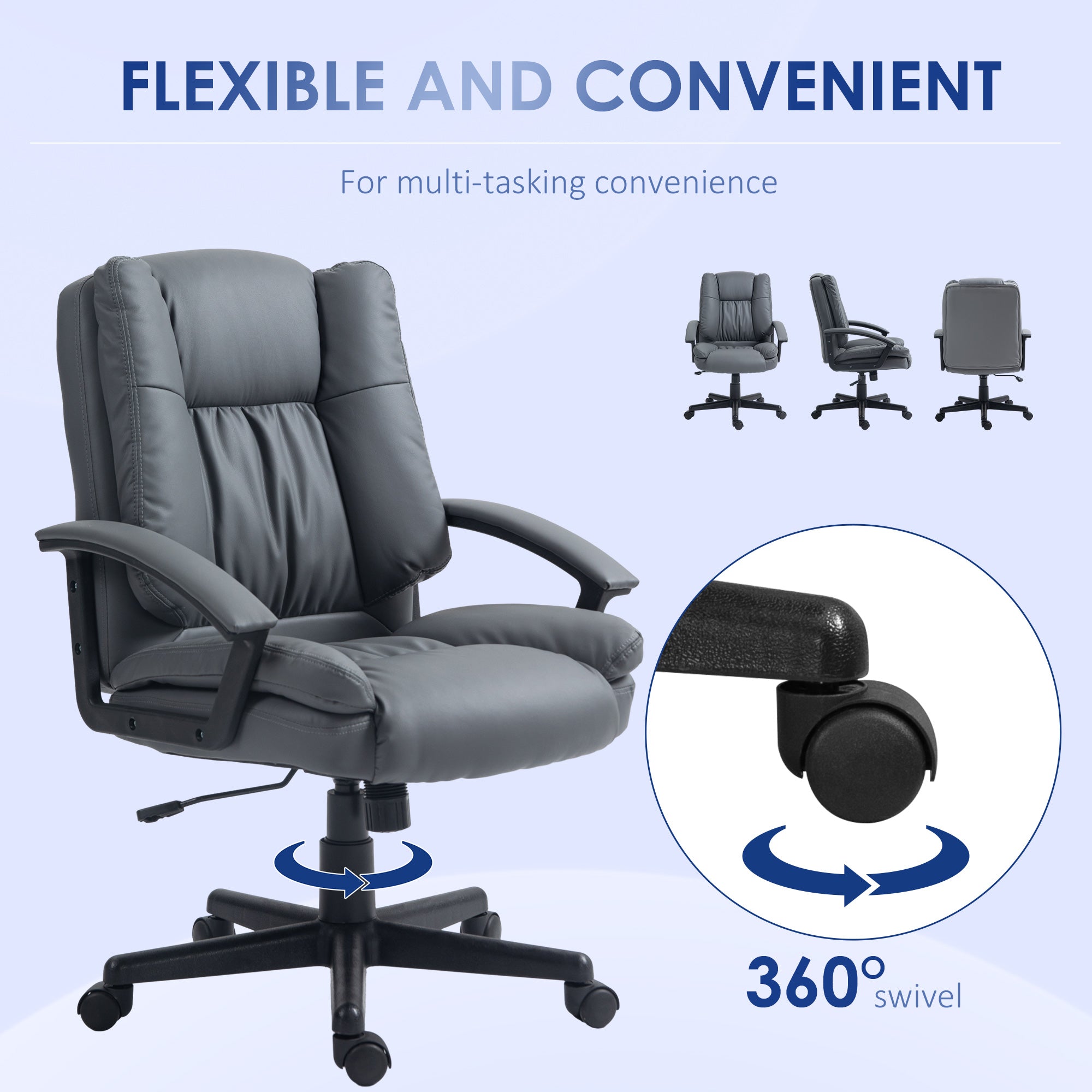 HOMCOM Office Chair, Faux Leather Computer Desk Chair, Mid Back Executive Chair with Adjustable Height and Swivel Rolling Wheels for Home Study, Dark Grey - North Peak Garden Furniture