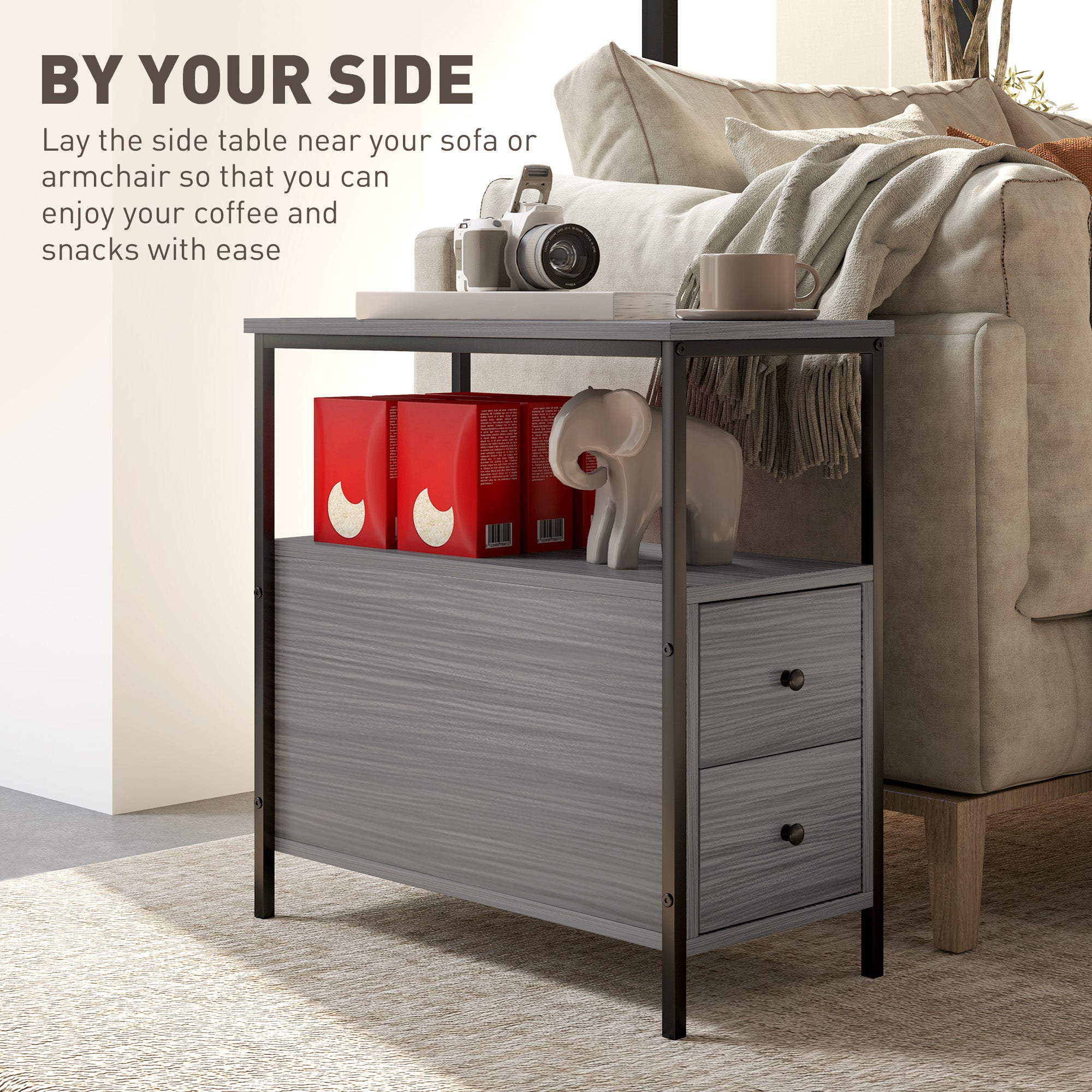 HOMCOM Side Table, Narrow Bedside Table with 2 Drawers and Storage Shelf, Industrial End Table with Metal Frame for Small Spaces, Grey Wood Grain - North Peak Garden Furniture