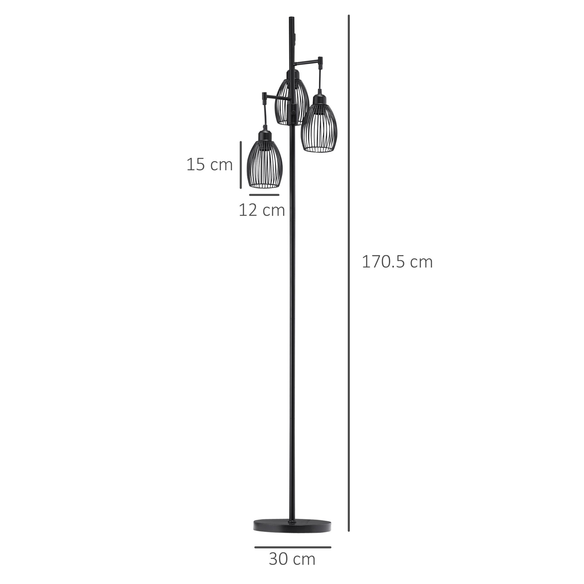 HOMCOM 170cm Industrial 3-Light Floor Lamp, Dimmable Standing Lamp with Steel Lampshades for Living Room, Bedroom, Dinging Room, Study, Black - North Peak Garden Furniture