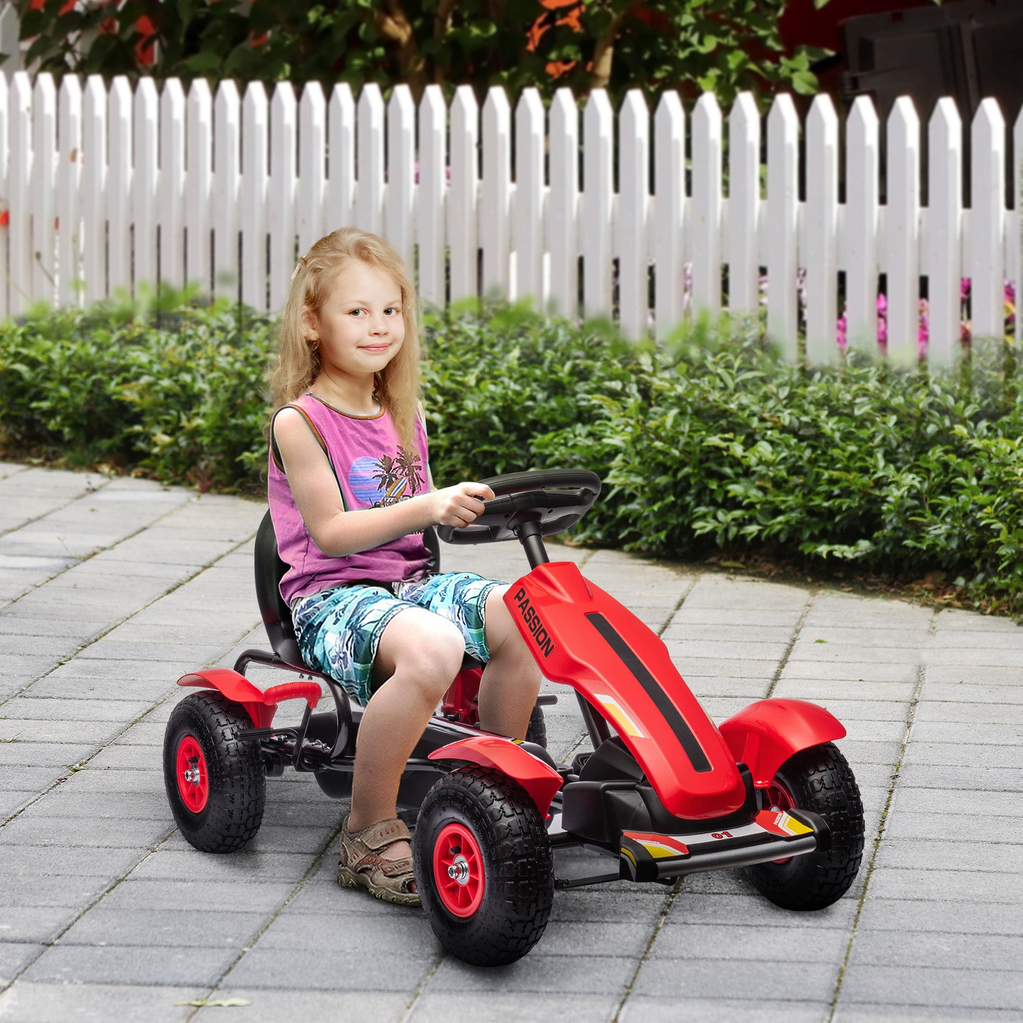 HOMCOM Children Pedal Go Kart, Kids Ride On Racer with Adjustable Seat, Inflatable Rubber Tyres, Handbrake, for Ages 5-12 Years - Red - North Peak Garden Furniture