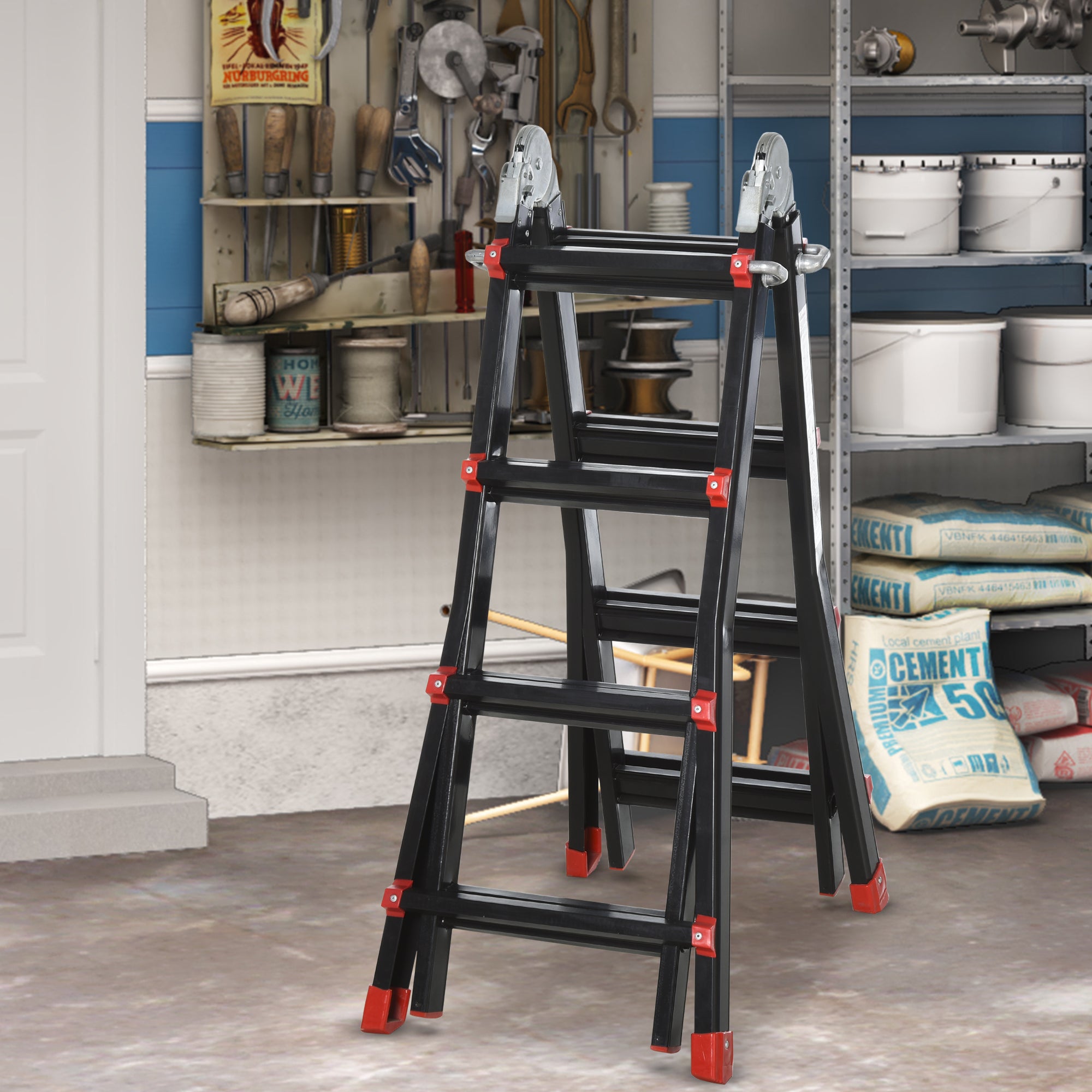 HOMCOM 4M Aluminium Duo Ladder Telescopic Herringbone Changeable Multi-Purpose w/ Non-Slip Steps Climbing DIY Platform Portable Workshop House Garden - North Peak Garden Furniture