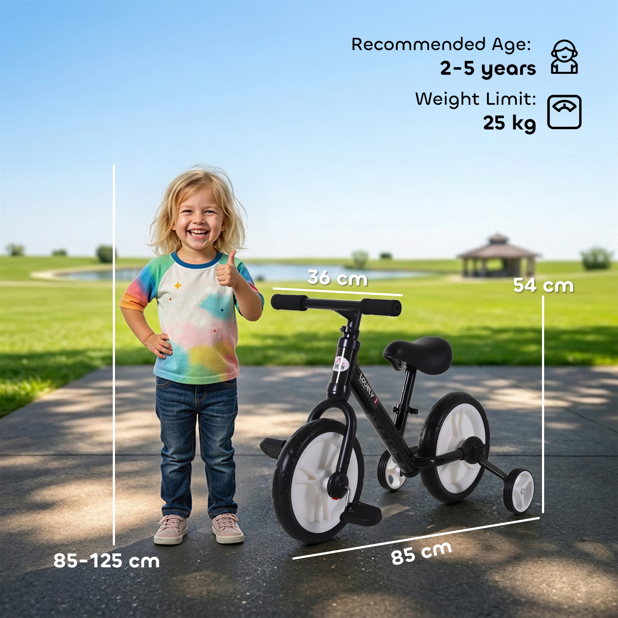 HOMCOM 11 Inch Kids Balance Bike Training Pedal Bicycle W/ Removable Stabilizers EVA Tyres Adjustable Seat Height 2 to 5 Years Gift for Boys Girls Black