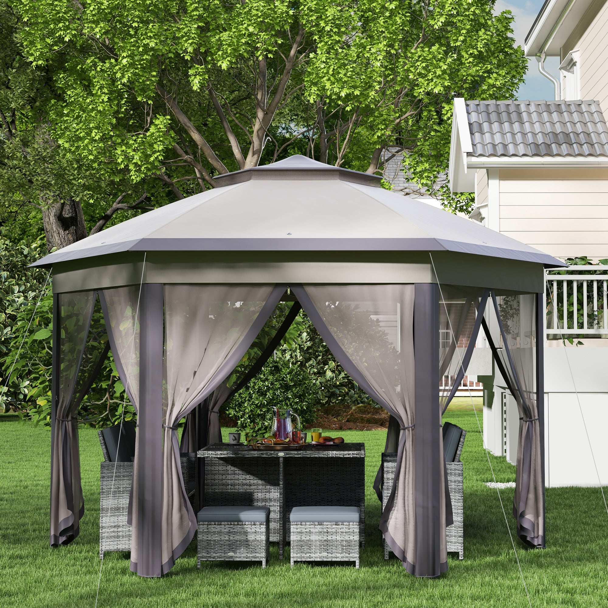 Outsunny Hexagon Garden Gazebo Pop Up Gazebo Outdoor Patio Double Roof Instant Shelter with Netting, 3 x 4m, Beige