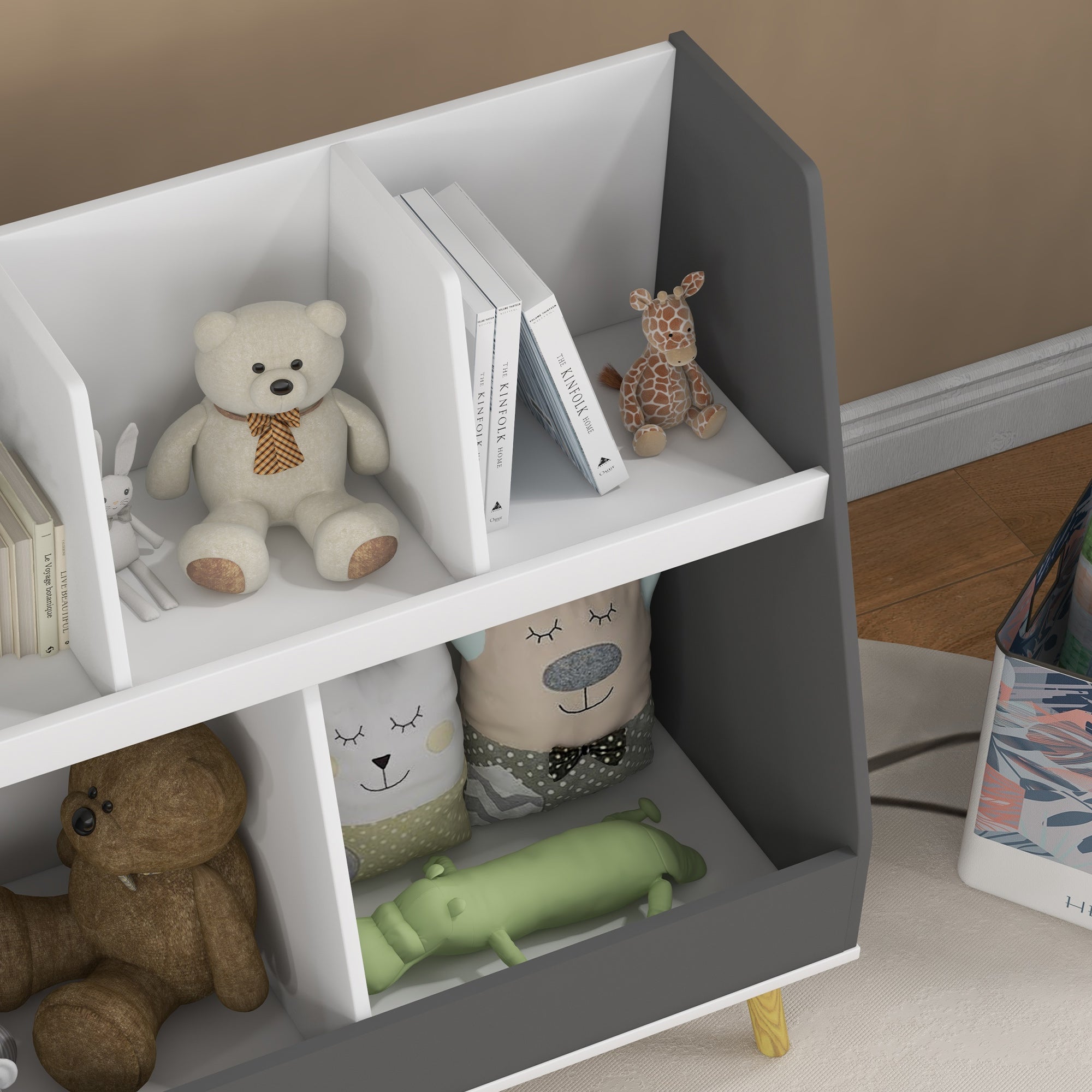 HOMCOM Two-Tier Kids Storage Shelf, with Five Compartments, Anti-Tip Device - Grey - North Peak Garden Furniture