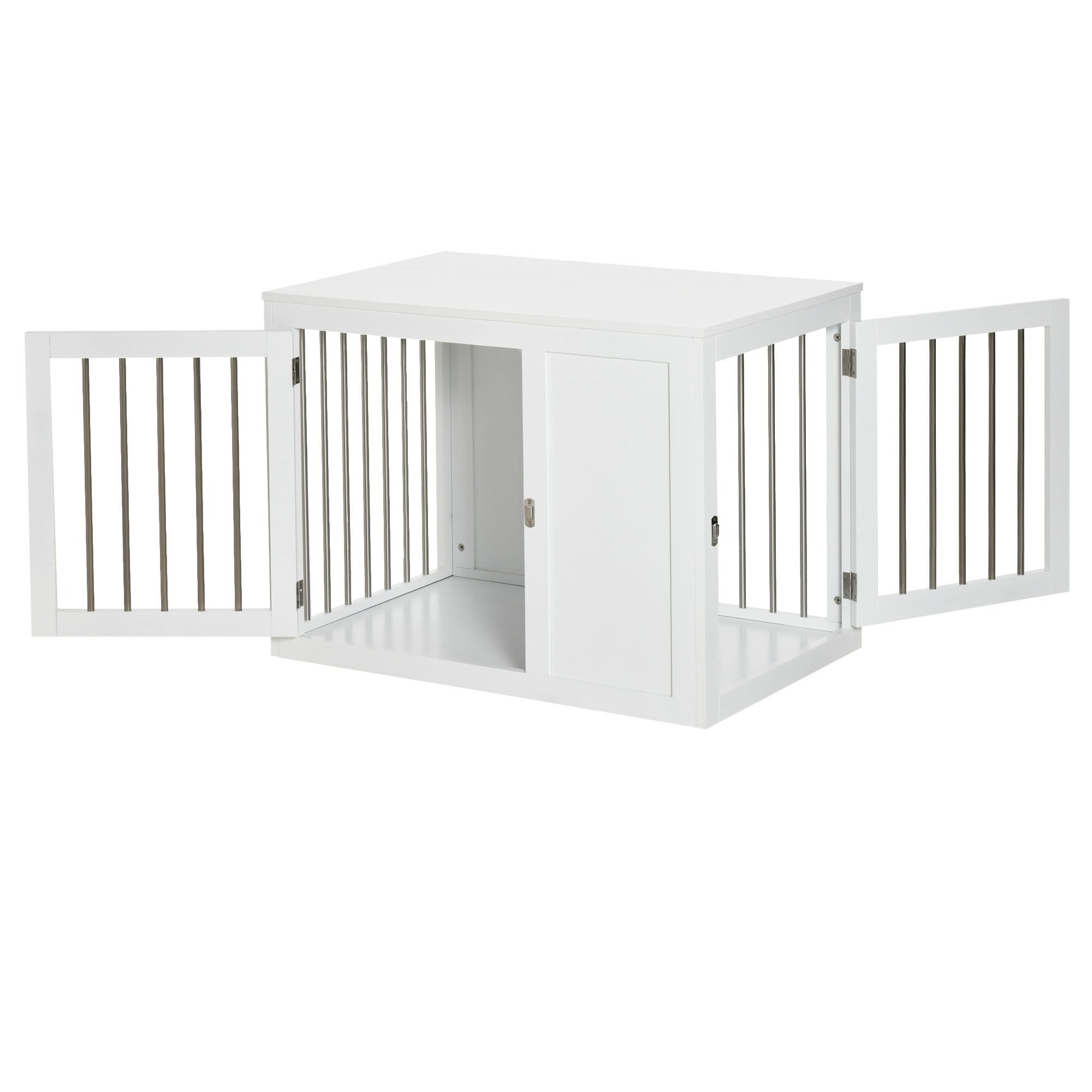 PawHut 2-in-1 Dog Cage and Side Table, with Two Lockable Doors, for Medium Dogs - White - North Peak Garden Furniture