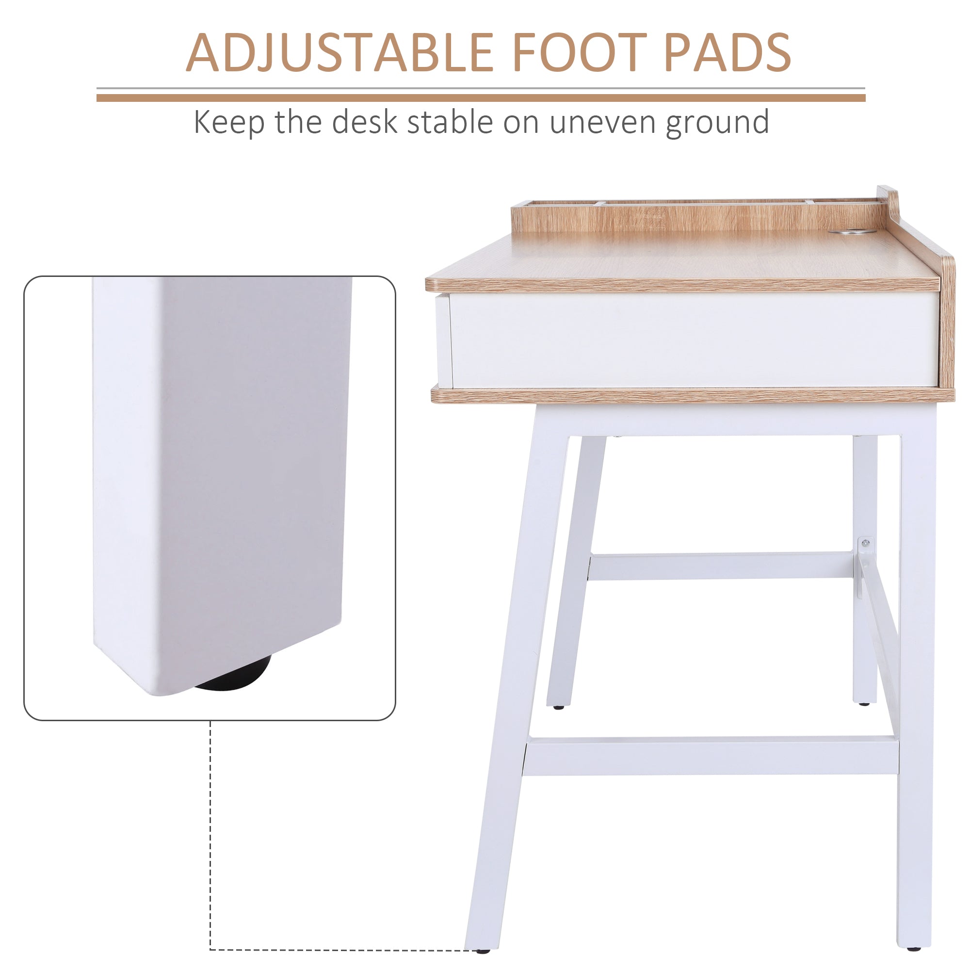 HOMCOM Computer Desk, Writing Desk, Study Workstation with Drawer, Storage Compartments, Cable Management, Laptop Table, Metal Frame, 100 x 55 x 81.5cm, Oak and White - North Peak Garden Furniture