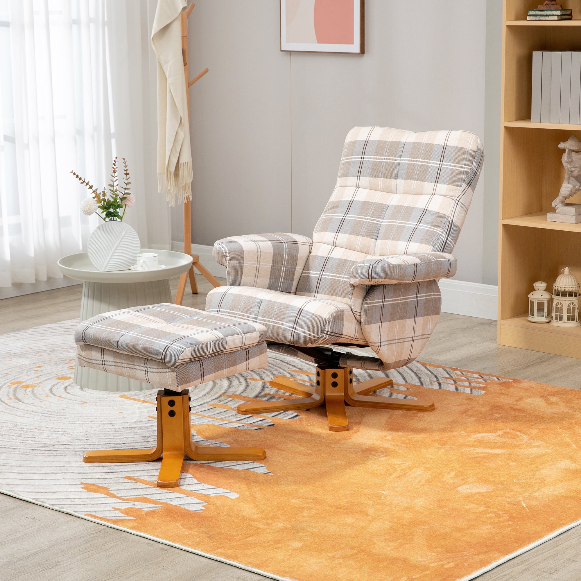 HOMCOM Linen Swivel Recliner Chair with Footstool, Wooden Base and Storage for Living Room, Multicolour - North Peak Garden Furniture