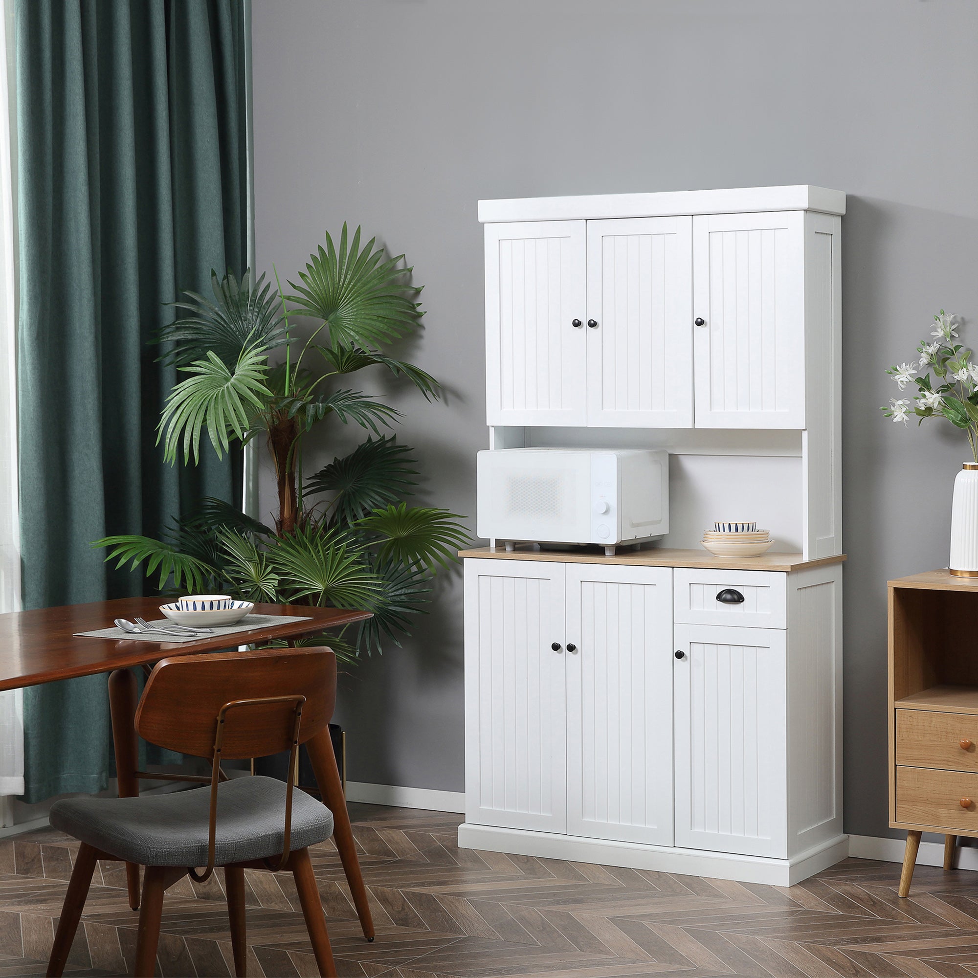 HOMCOM 180cm Freestanding Kitchen Cabinet, Modern Storage Cupboard with Open Countertop, Drawer and 6 Doors - North Peak Garden Furniture