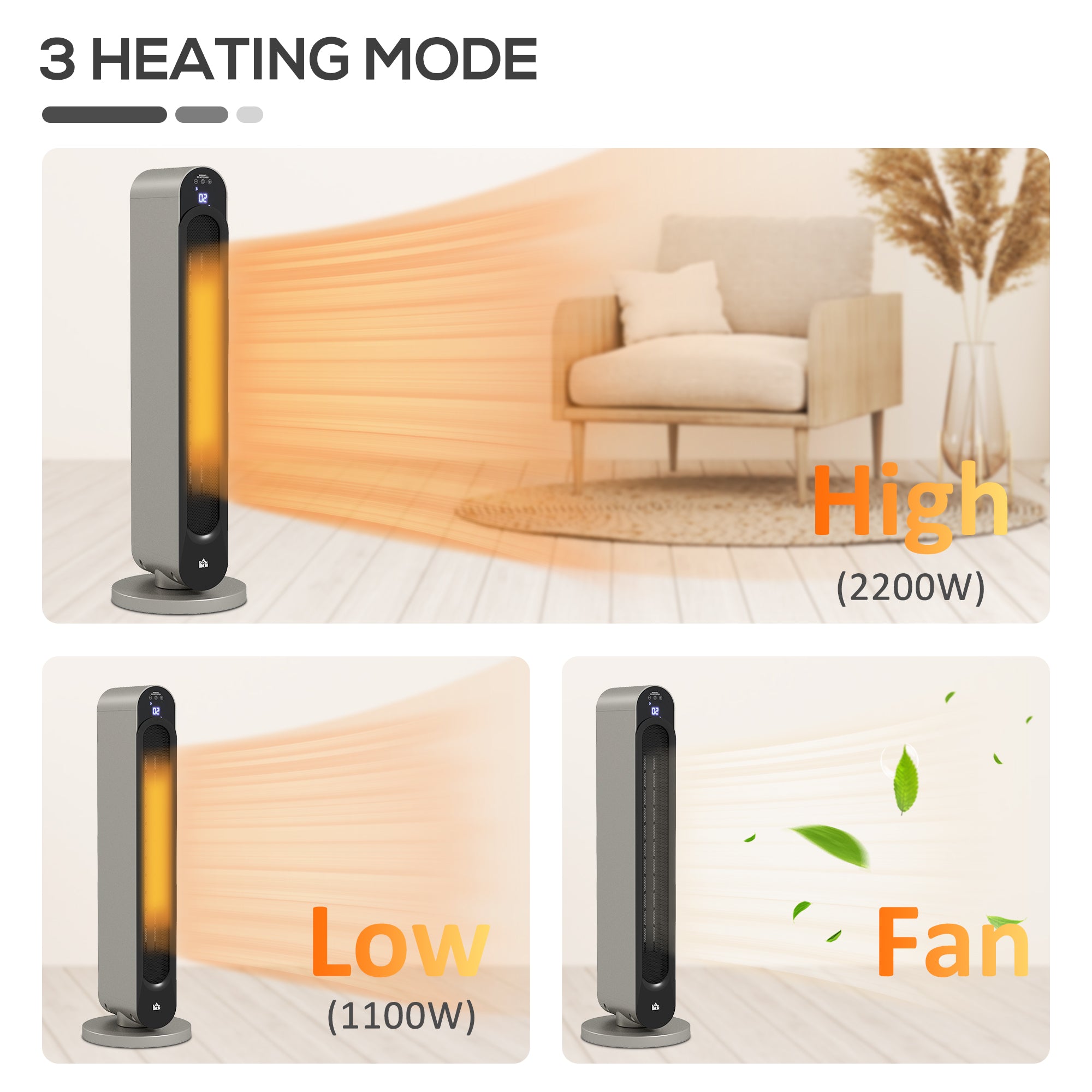 HOMCOM 2kW PTC Ceramic Tower Heater, 10-35°C Temperature Range - North Peak Garden Furniture